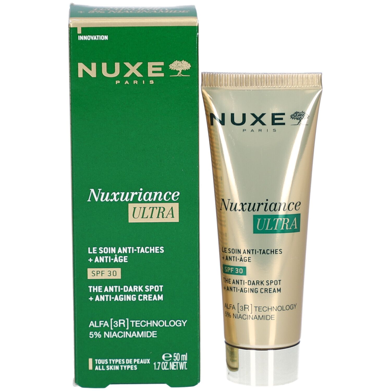 Produkt und Verpackung. Grüne Schachtel und goldfarbene Tube. Aufschrift: Nuxe, Nuxuriance Ultra, SPF 30.