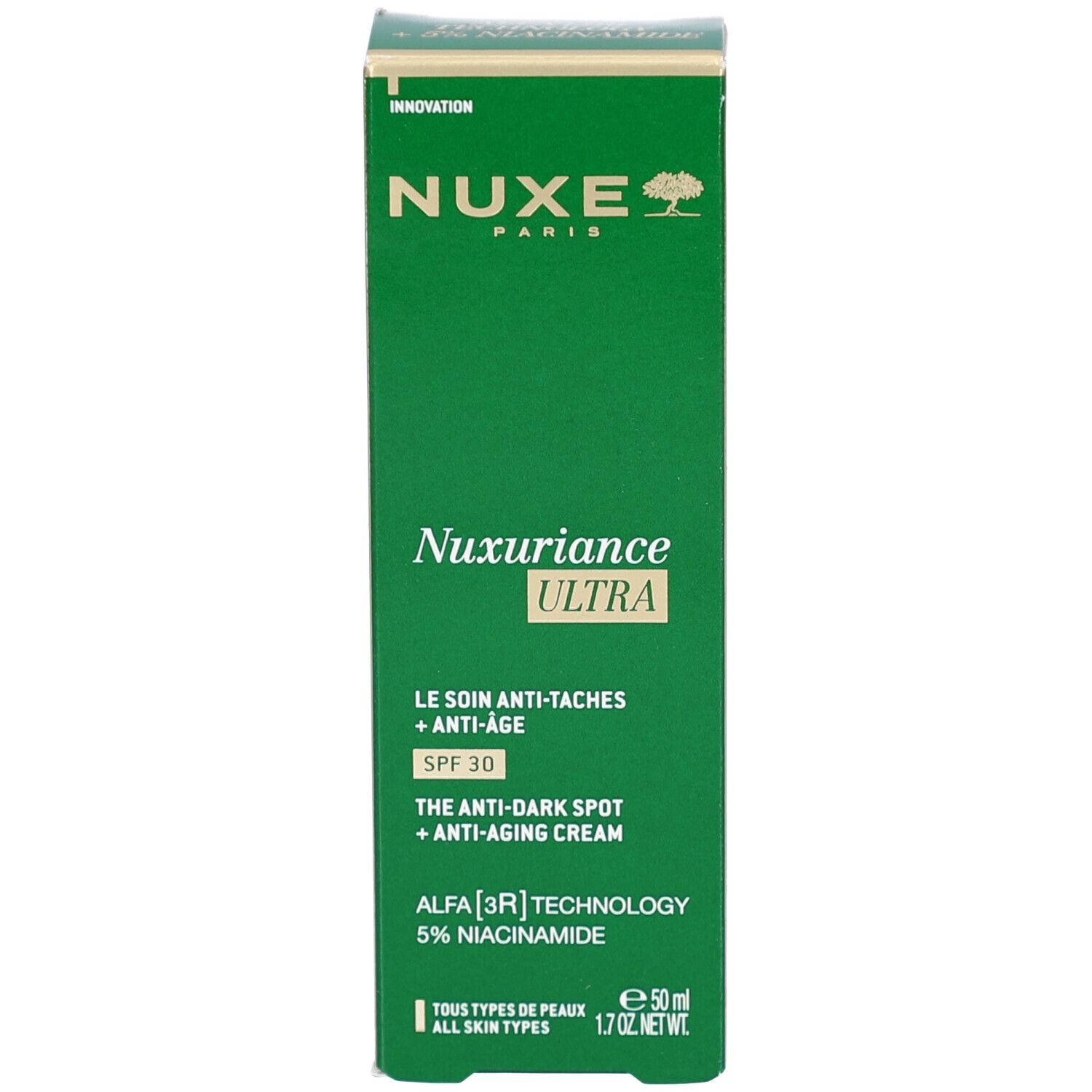 Grüne Schachtel. Aufschrift: Nuxe, Nuxuriance Ultra, SPF 30. Text: Anti-Flecken, Anti-Age. Für alle Hauttypen.