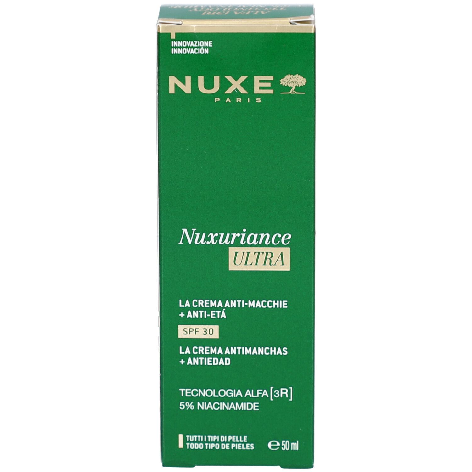 Vorderseite der grünen Schachtel. Aufschrift: Nuxe, Nuxuriance Ultra, SPF 30. Text: Anti-Flecken, Anti-Age. Für alle Hauttypen.