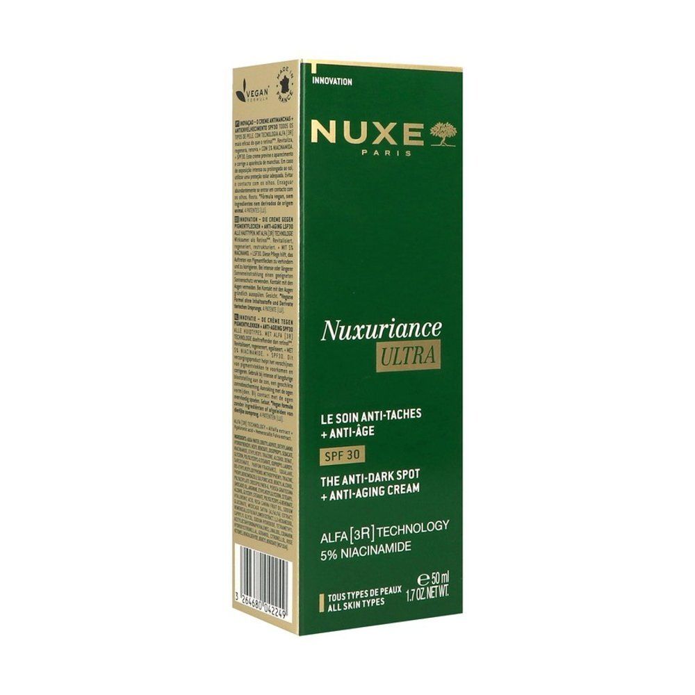 Côté de l'emballage de la crème Nuxe Nuxuriance Ultra SPF30 avec texte.
