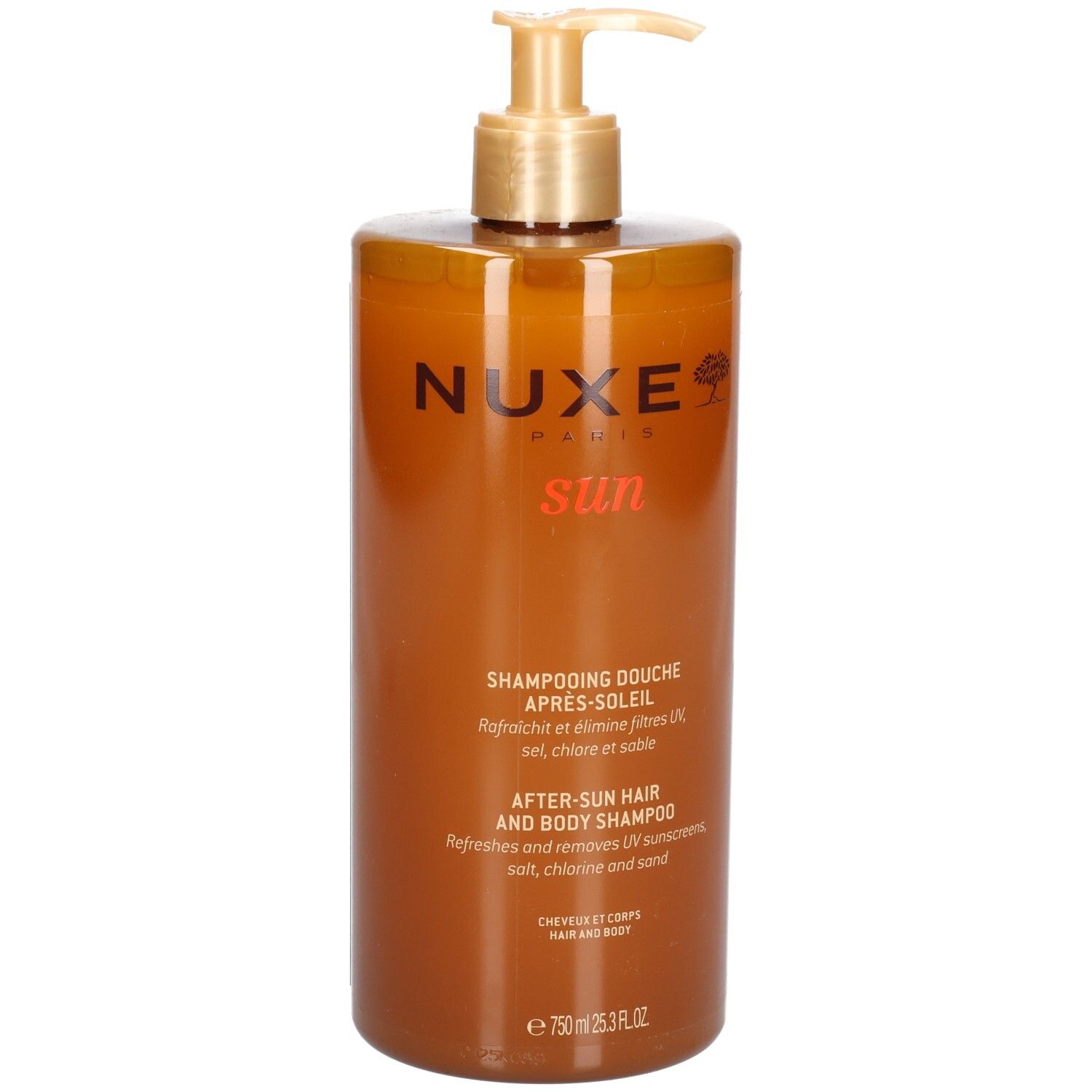 Braune Flasche mit goldenem Pumpkopf. Aufschrift: Nuxe Sun, After-Sun Hair and Body Shampoo. Französische Beschriftung.