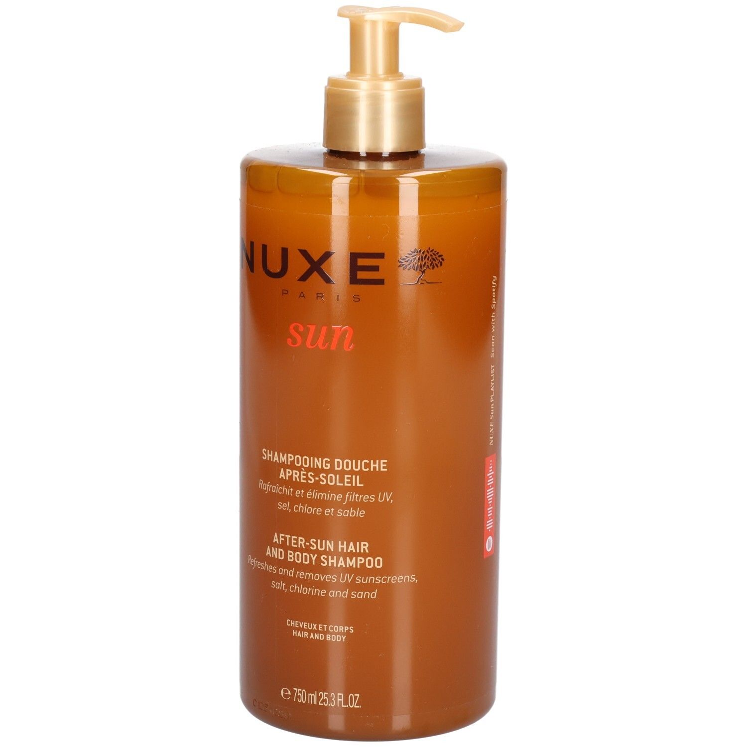 Braune Flasche mit goldenem Pumpkopf. Aufschrift: Nuxe Sun, After-Sun Hair and Body Shampoo. Französische Beschriftung.