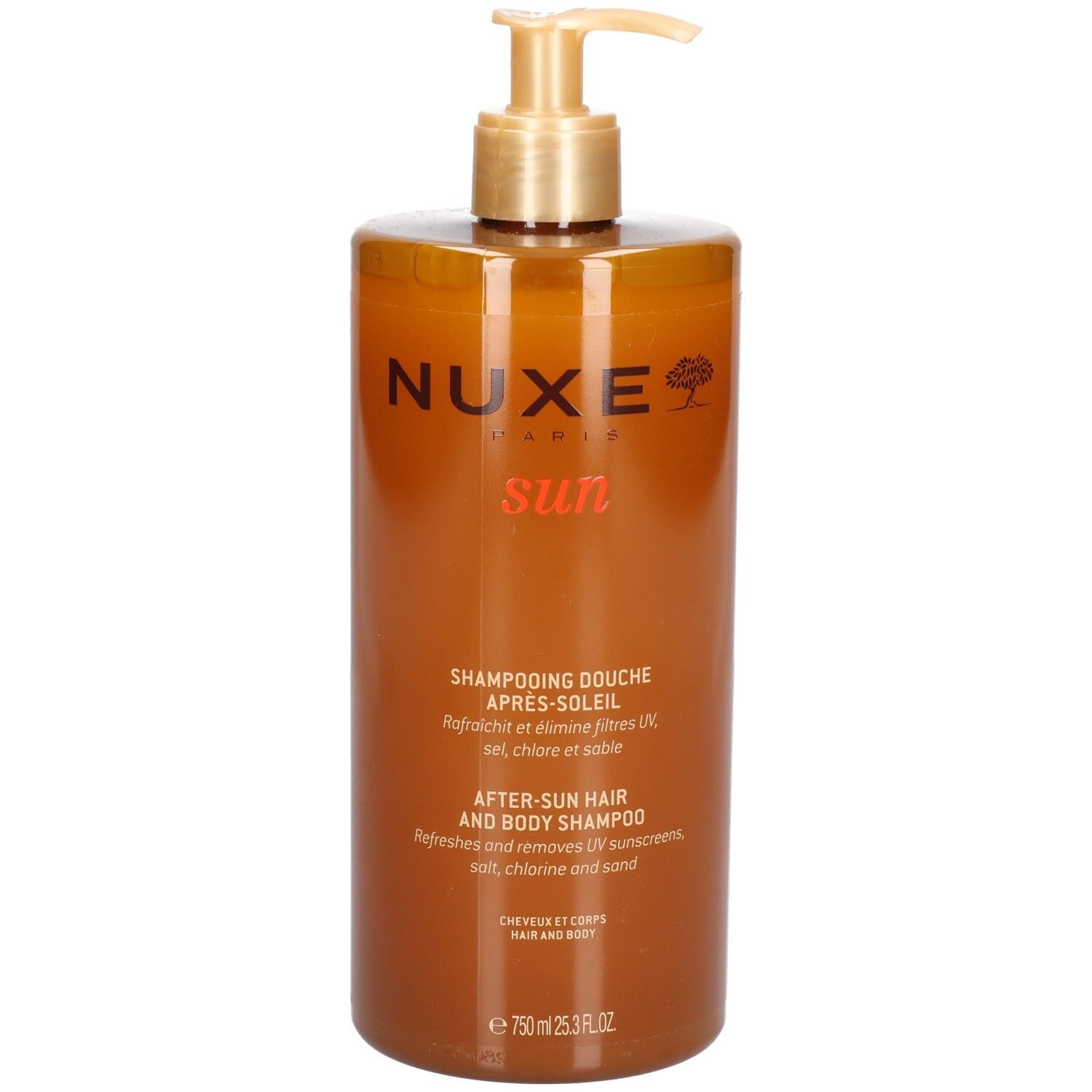 Braune Flasche mit goldenem Pumpkopf. Aufschrift: Nuxe Sun, After-Sun Hair and Body Shampoo. Französische Beschriftung.