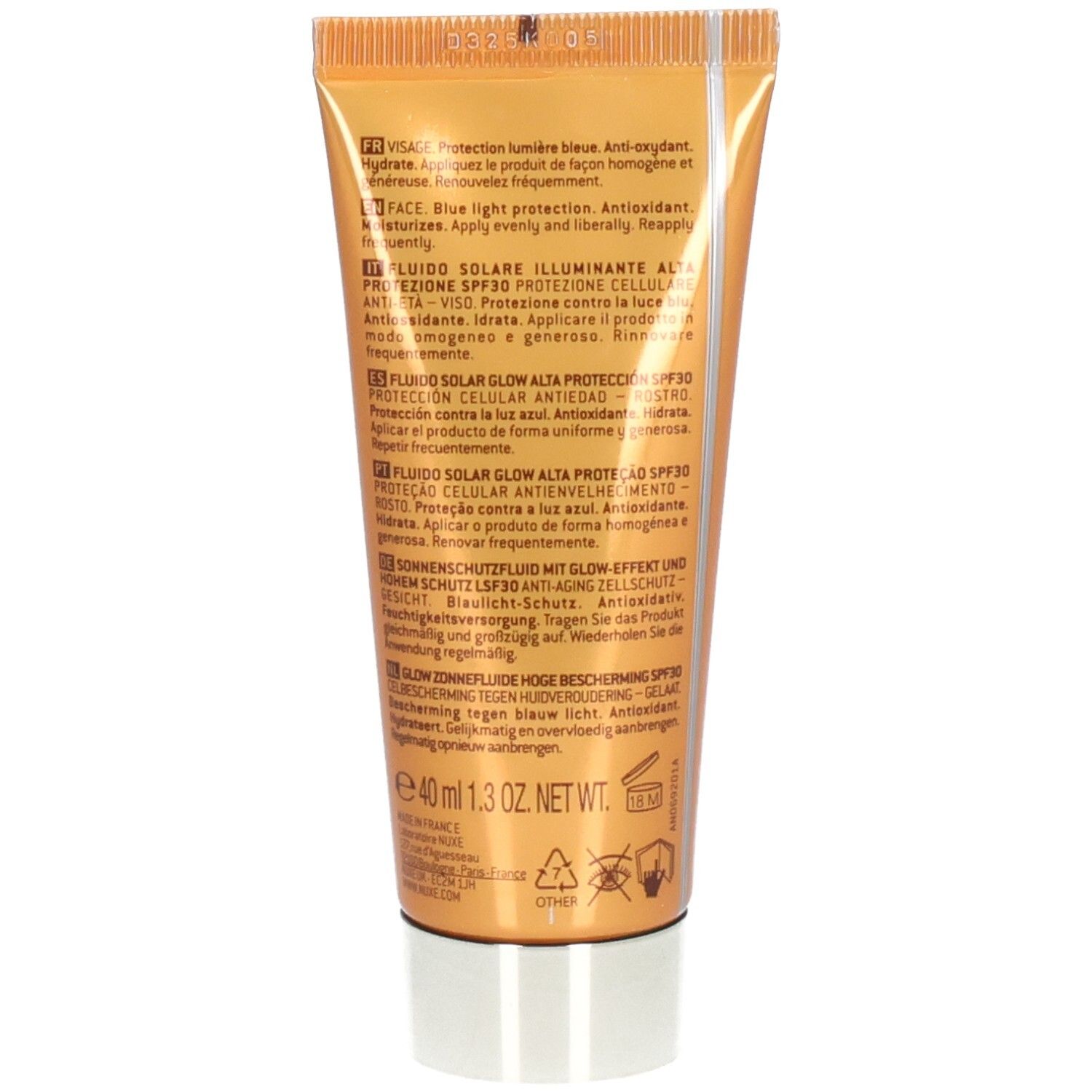 Rückseite der Sonnenfluid-Tube. Text in mehreren Sprachen. Produktname und Informationen.
