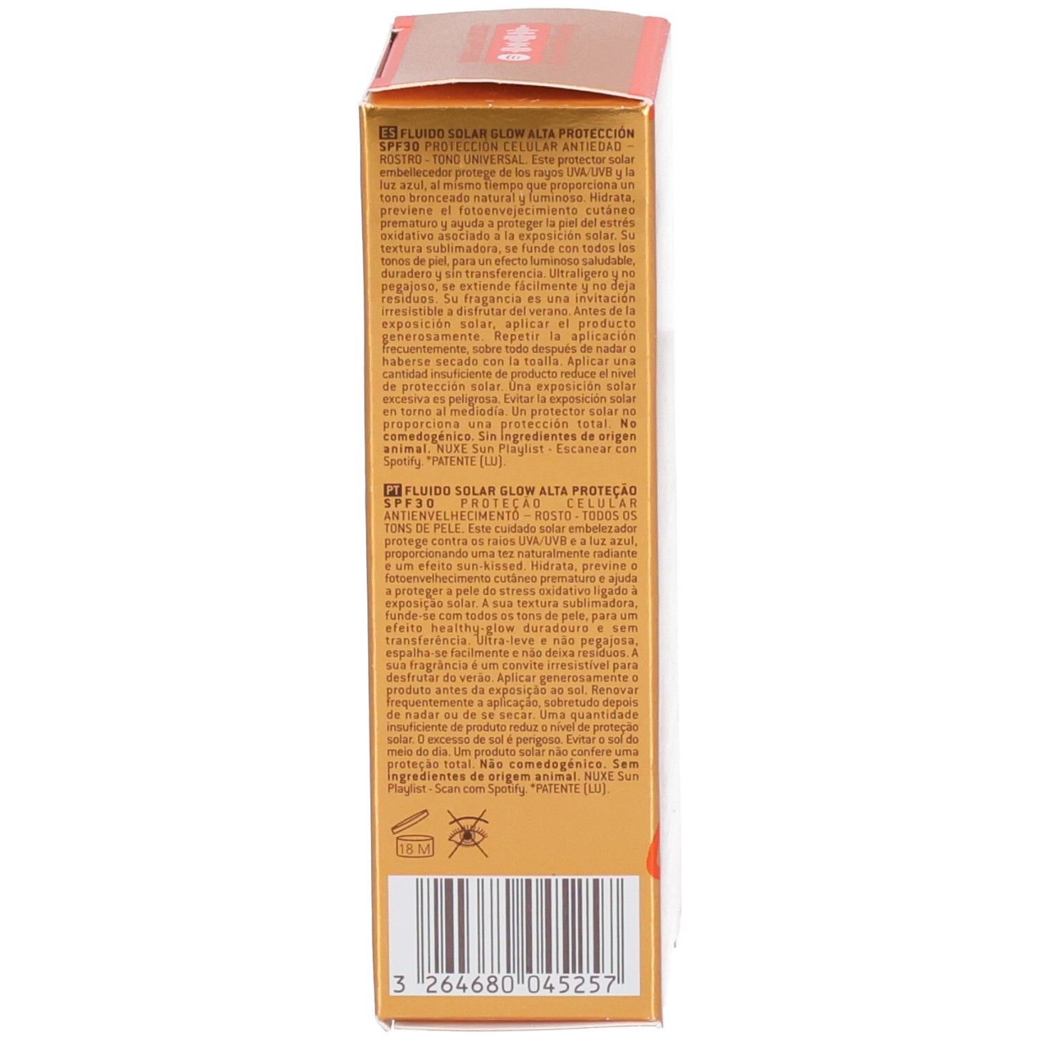 Seite der Kartonverpackung. Text in mehreren Sprachen. Produktinformationen und Inhaltsstoffe.