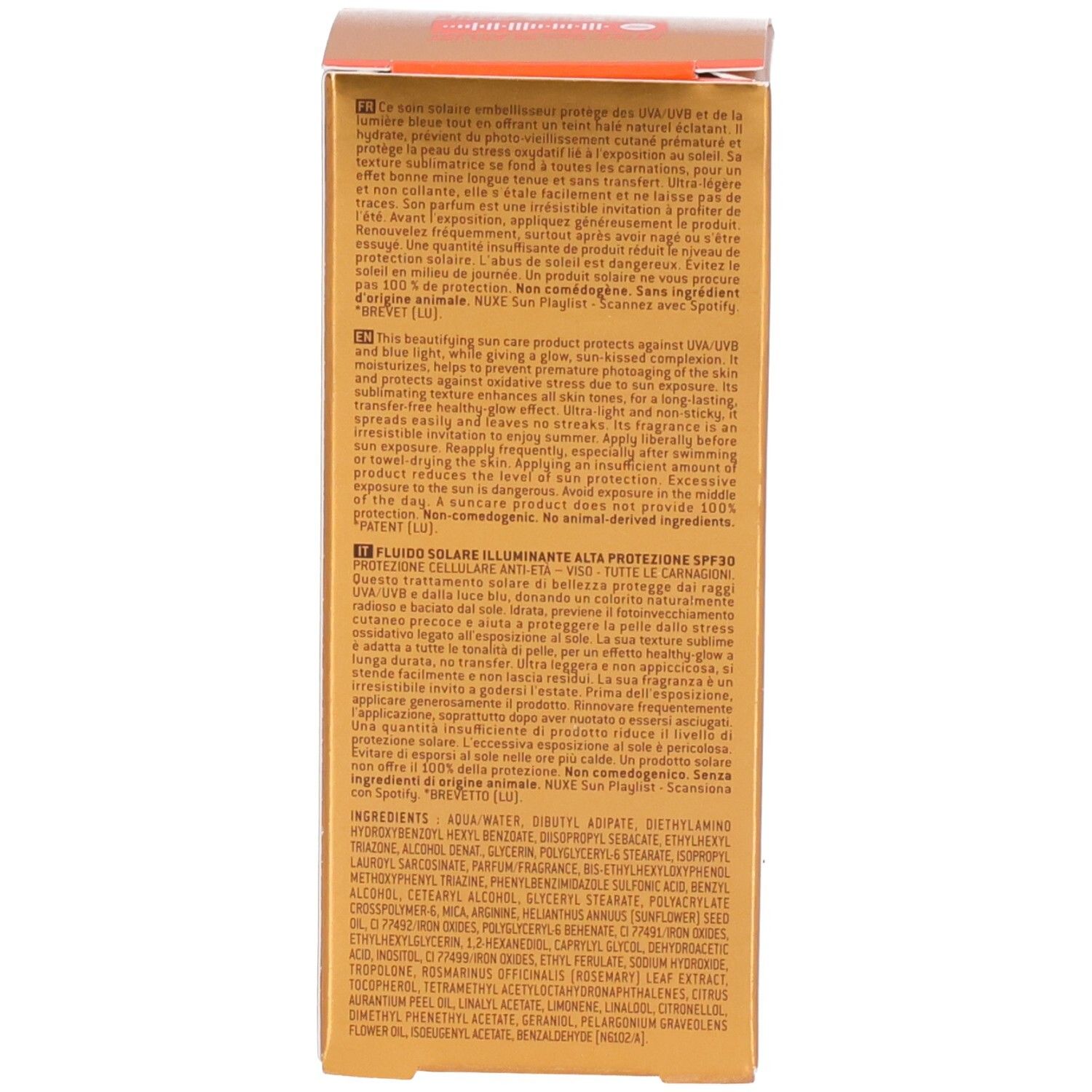 Seite der Kartonverpackung. Text in mehreren Sprachen. Produktbeschreibung und Anwendungshinweise.