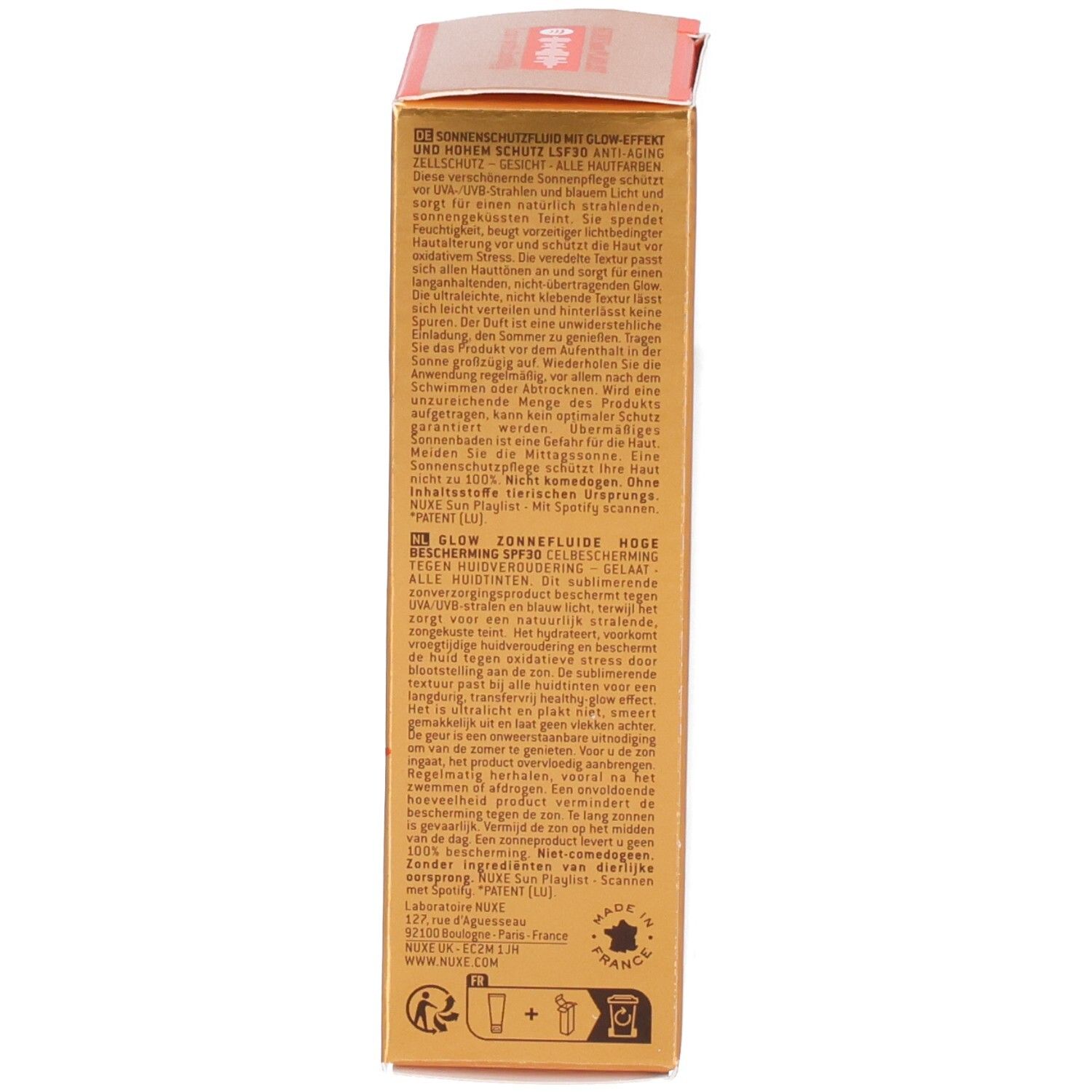 Seite der Kartonverpackung. Text in mehreren Sprachen. Produktinformationen und Anwendungshinweise.