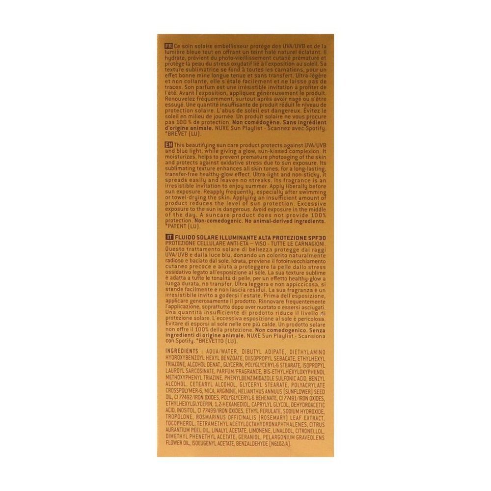 Côté de la boîte de fluide solaire Nuxe Sun SPF 30 avec ingrédients et instructions.