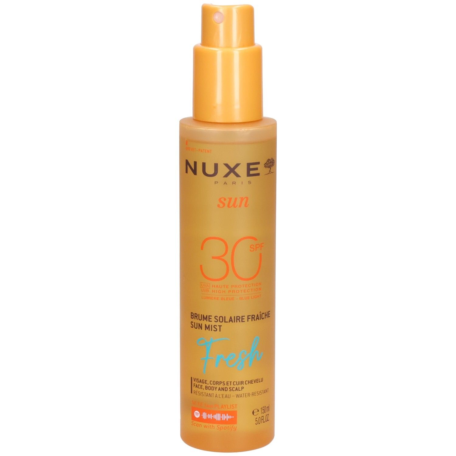 Sonnennebel-Spray mit Sprühkopf. Aufschrift: Nuxe Sun, SPF 30, Fresh. Für Gesicht, Körper und Haar. Wasserfest.