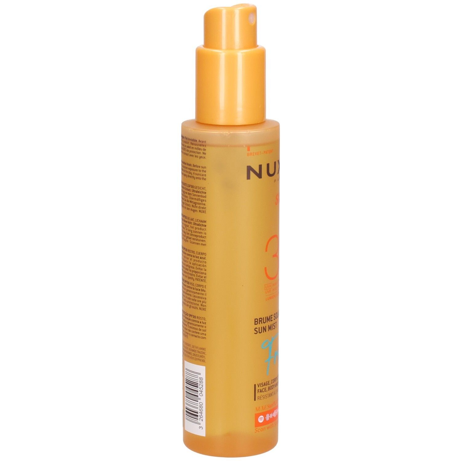 Sonnennebel-Spray, Rückseite. Text. Barcode. Aufschrift: Brume Solaire Fraîche, Fresh. Für Gesicht, Körper und Haar.