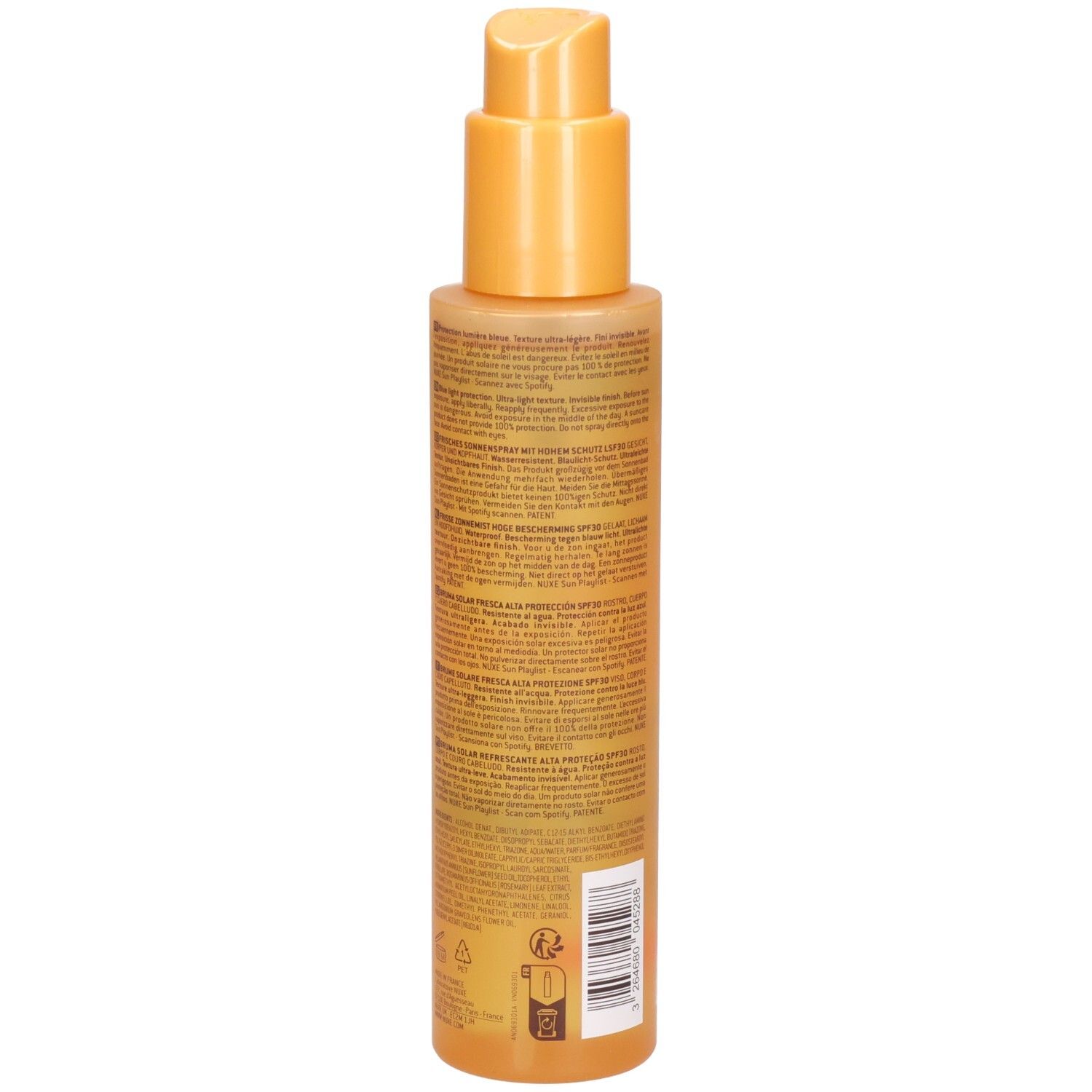 Sonnennebel-Spray, Rückseite. Text. Barcode. Aufschrift: Brume Solaire Fraîche, Fresh. Für Gesicht, Körper und Haar.
