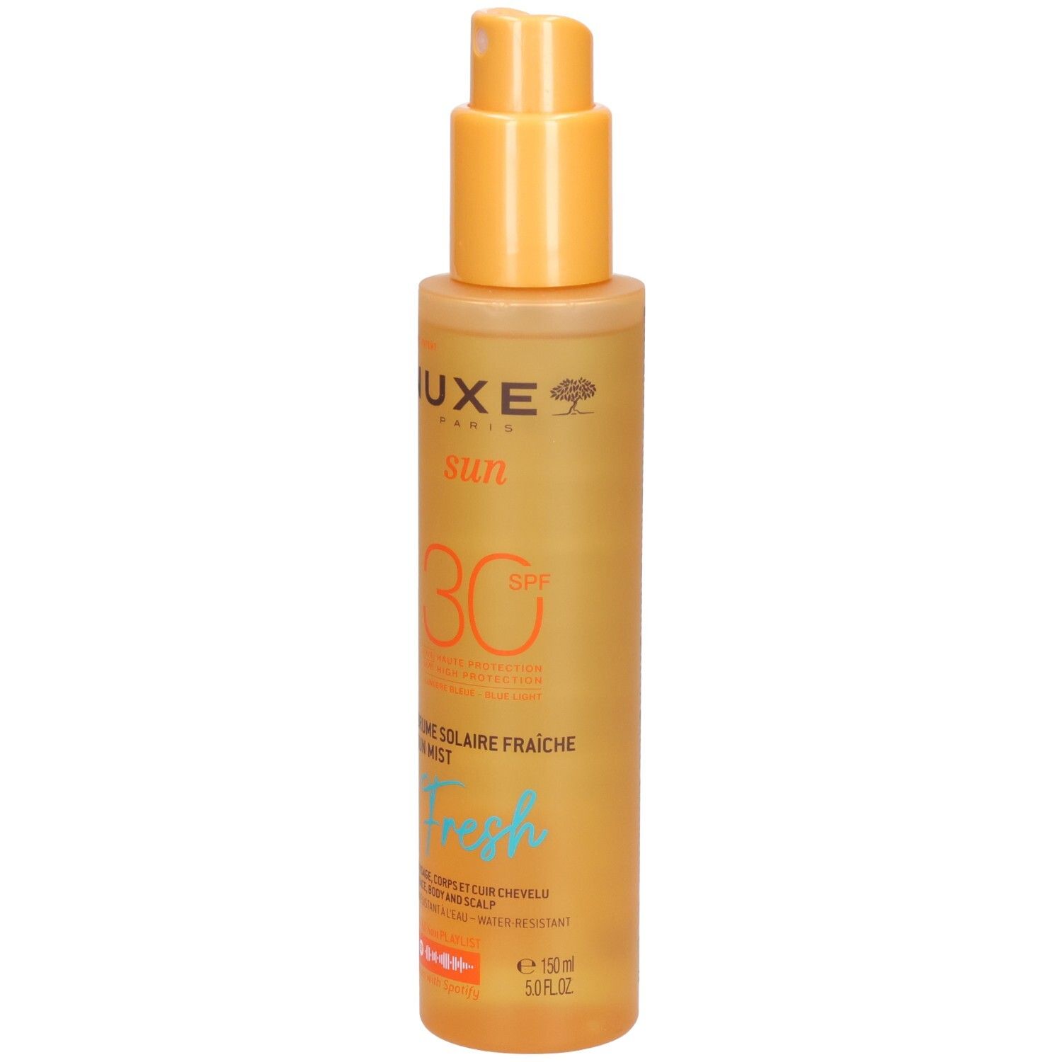 Sonnennebel-Spray mit Sprühkopf. Aufschrift: Nuxe Sun, SPF 30, Fresh. Für Gesicht, Körper und Haar. Wasserfest.