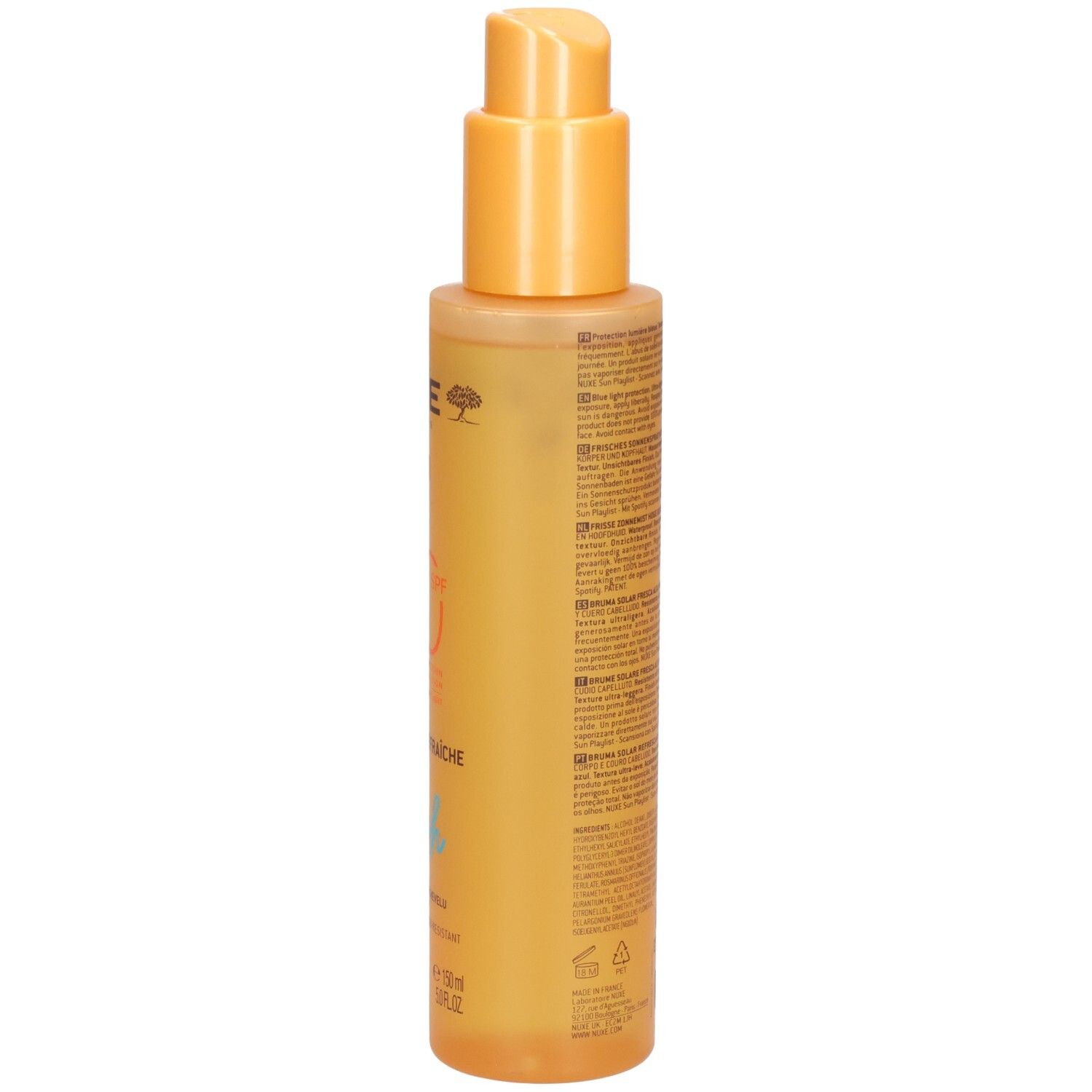 Sonnennebel-Spray mit Sprühkopf. Aufschrift: Nuxe Sun, SPF 30, Fresh. Für Gesicht, Körper und Haar. Wasserfest.