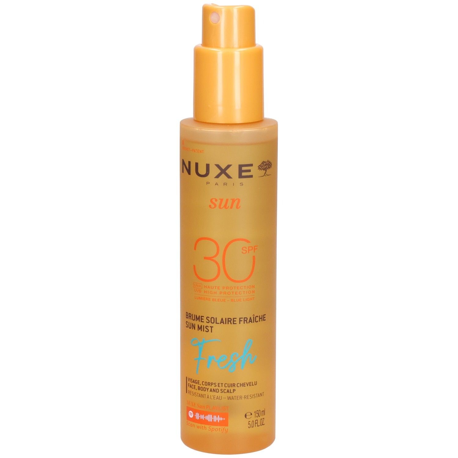 Sonnennebel-Spray mit Sprühkopf. Aufschrift: Nuxe Sun, SPF 30, Fresh. Für Gesicht, Körper und Haar. Wasserfest.