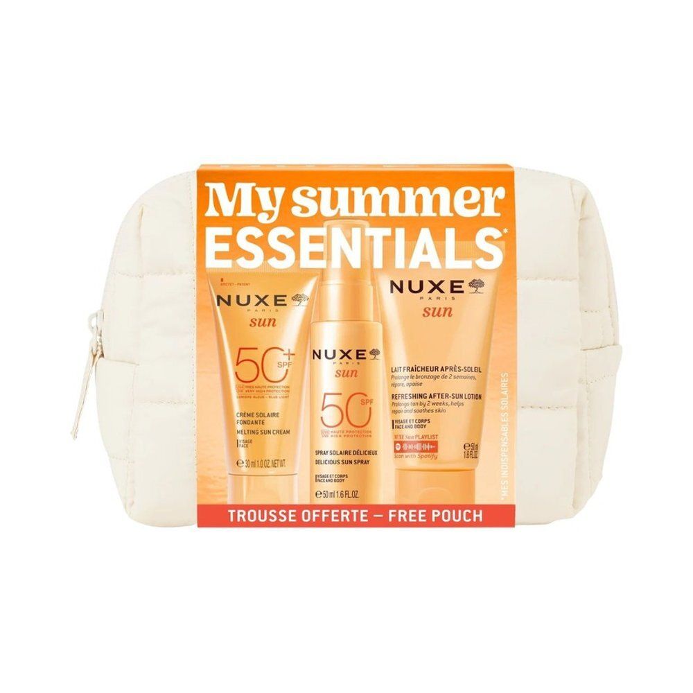 Set Nuxe Mes Essentiels d'Été : crème solaire, spray solaire et lait après-soleil dans une trousse.