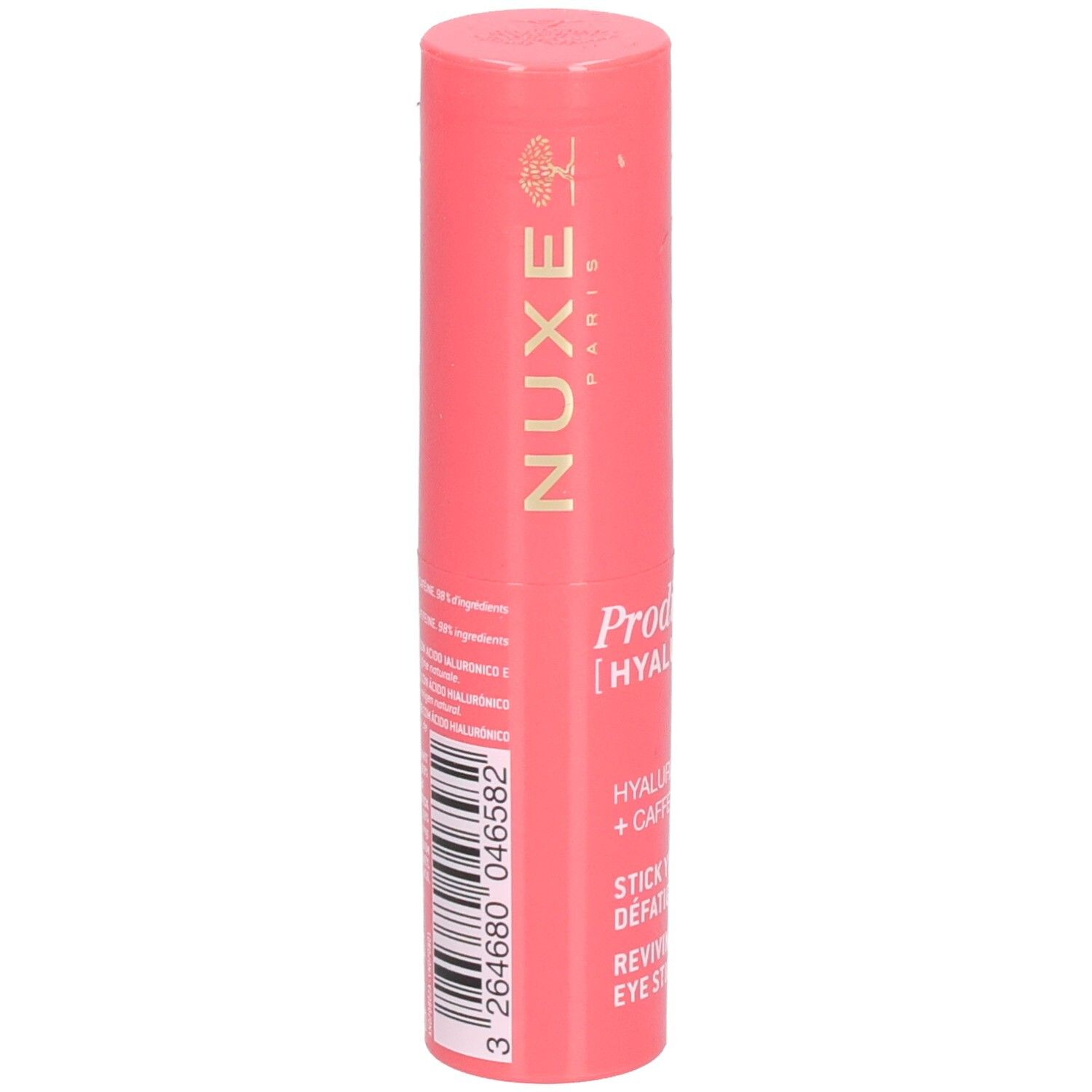 Rosa Stick mit goldfarbener Schrift. Enthält Hyaluronsäure und Koffein. Bezeichnung: Reviving Eye Stick.