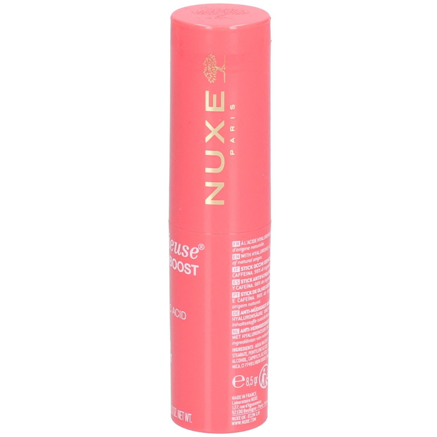 Rosa Stick mit goldfarbener Schrift. Enthält Hyaluronsäure und Koffein. Bezeichnung: Reviving Eye Stick.