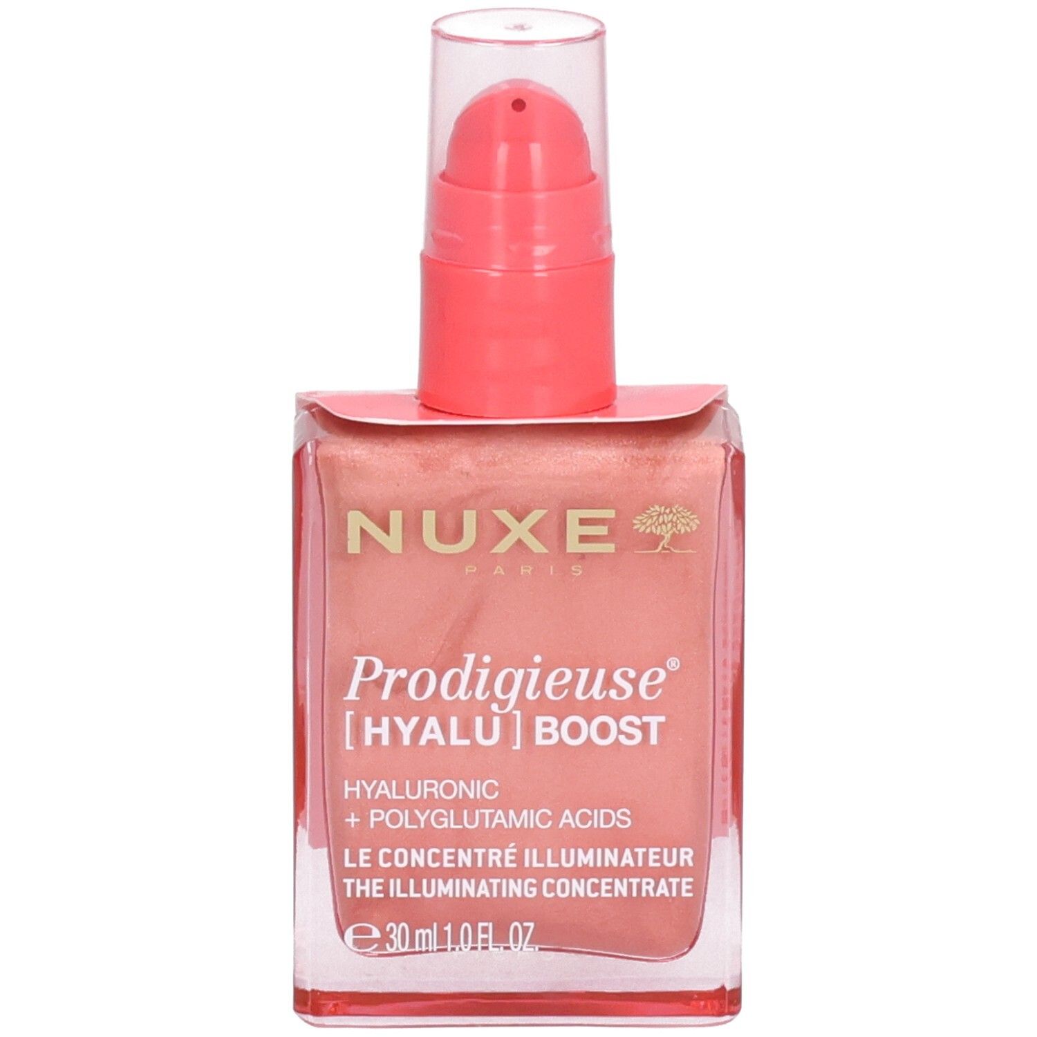 NUXE Prodigieuse [HYALU] Boost. Rosa Glasflasche mit Dosierpumpe. Text: Hyaluronsäure, Polyglutaminsäure, Illuminating Concentrate.