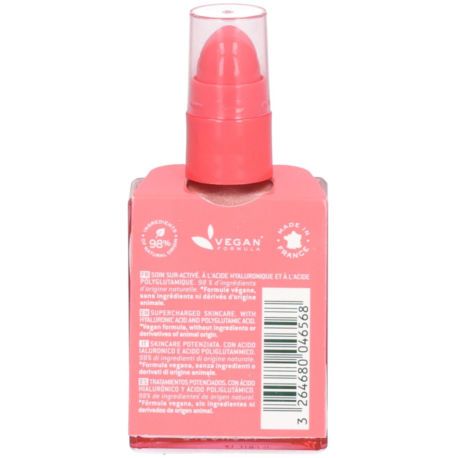 Rückseite der NUXE Prodigieuse [HYALU] Boost Flasche. Text: Vegan, 98% Inhaltsstoffe natürlichen Ursprungs. Barcode.