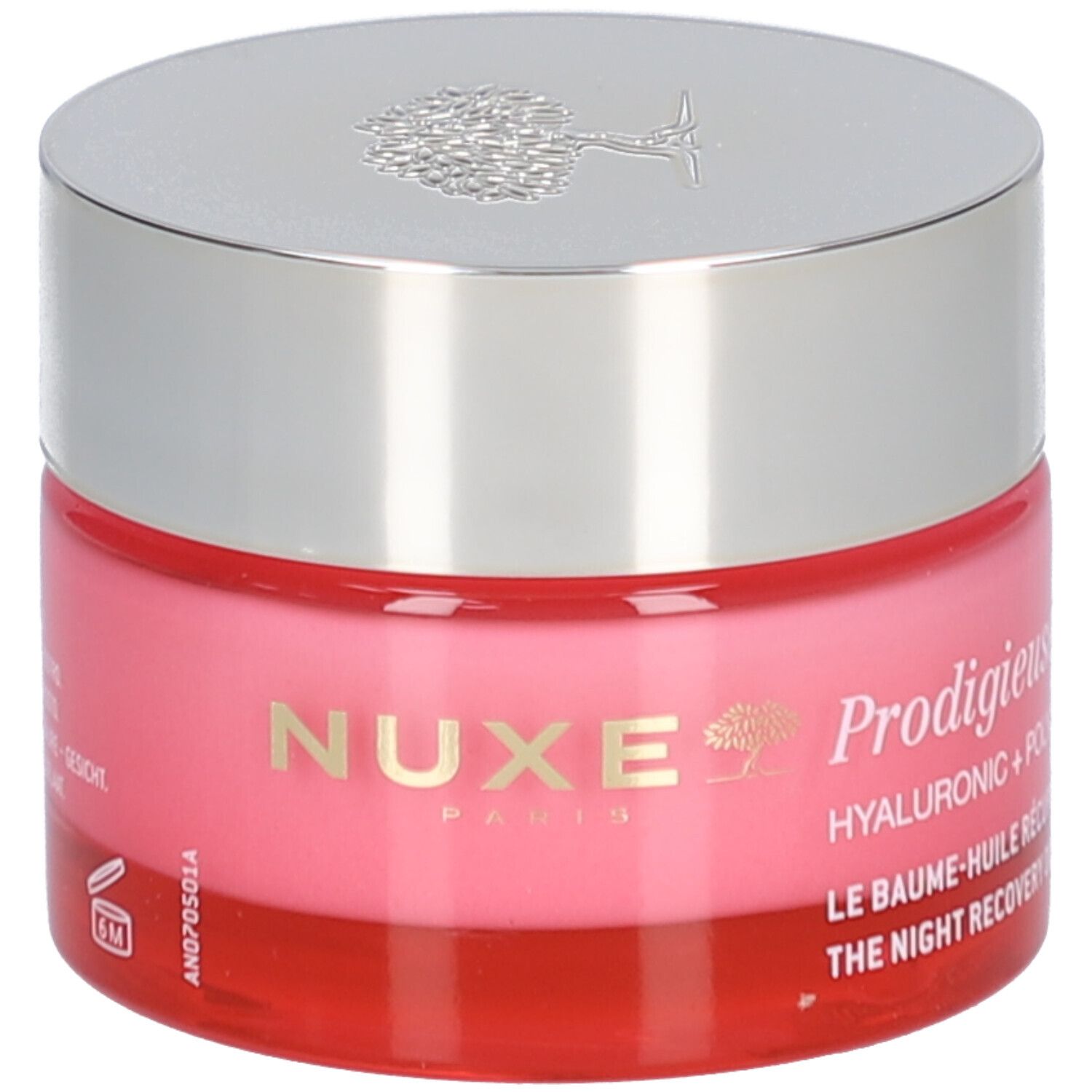 Rosa Tiegel mit silbernem Deckel. Aufschrift: Nuxe, Prodigieuse, Hyaluronic + Polyglutamic Acids, Le Baume-Huile Récupérateur Nuit.
