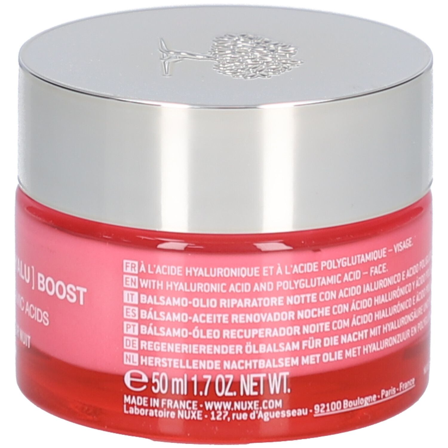 Rosa Tiegel mit silbernem Deckel. Aufschrift: Nuxe, Hyalu Boost, Hyaluronic + Polyglutamic Acids, 50 ml.