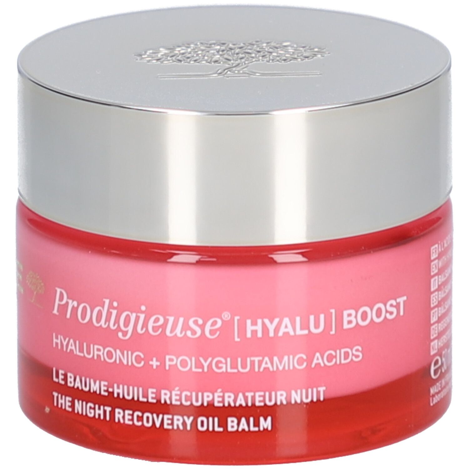 Rosa Tiegel mit silbernem Deckel. Aufschrift: Prodigieuse [Hyalu] Boost, Hyaluronic + Polyglutamic Acids, Le Baume-Huile Récupérateur Nuit.