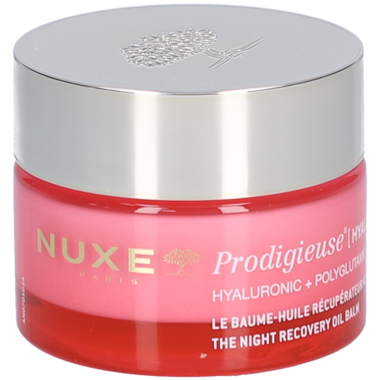 Rosa Tiegel mit silbernem Deckel. Aufschrift: Nuxe, Prodigieuse, Hyaluronic + Polyglutamic Acids, Le Baume-Huile Récupérateur Nuit.