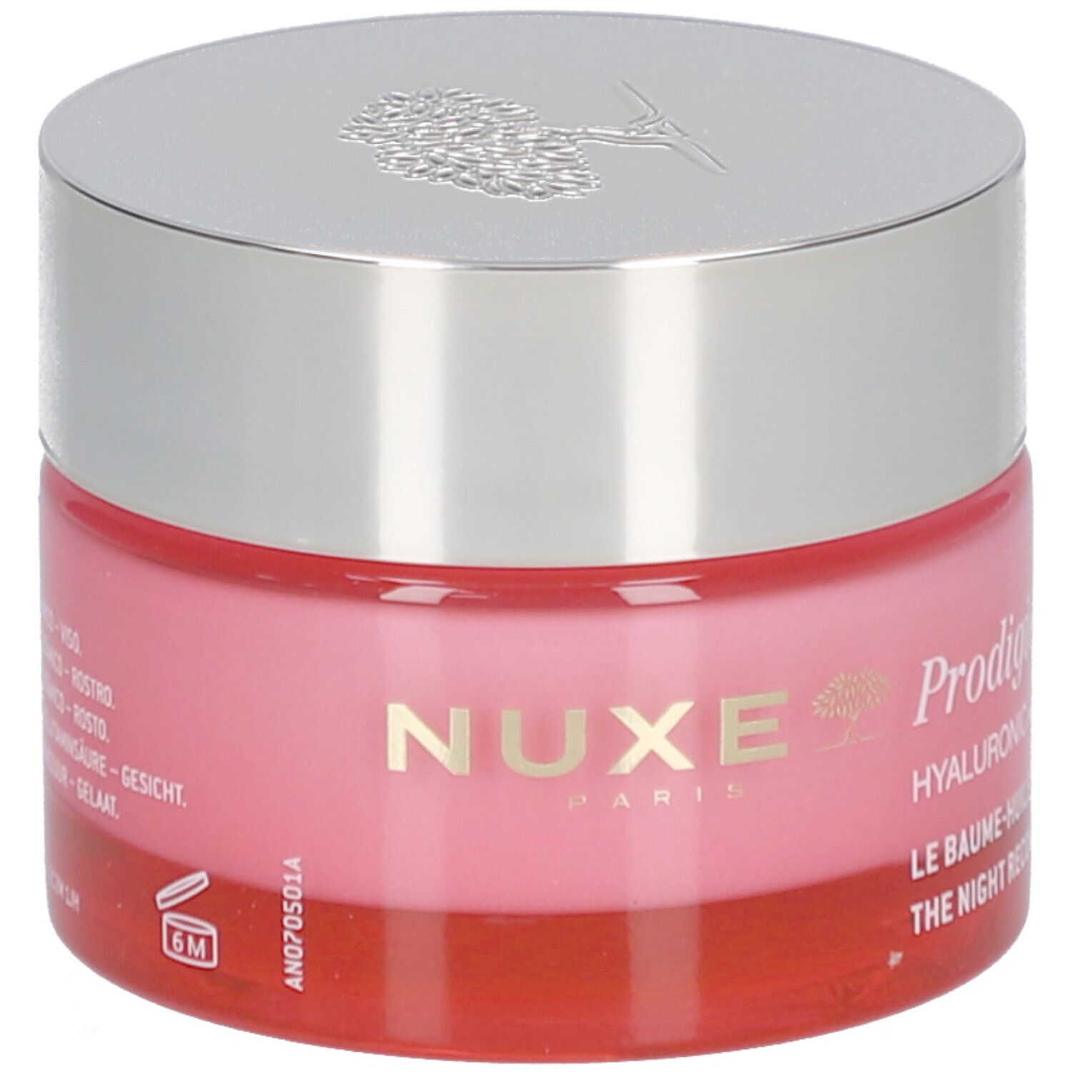 Rosa Tiegel mit silbernem Deckel. Aufschrift: Nuxe, Prodigieuse, Hyaluronic + Polyglutamic Acids, Le Baume-Huile Récupérateur Nuit.
