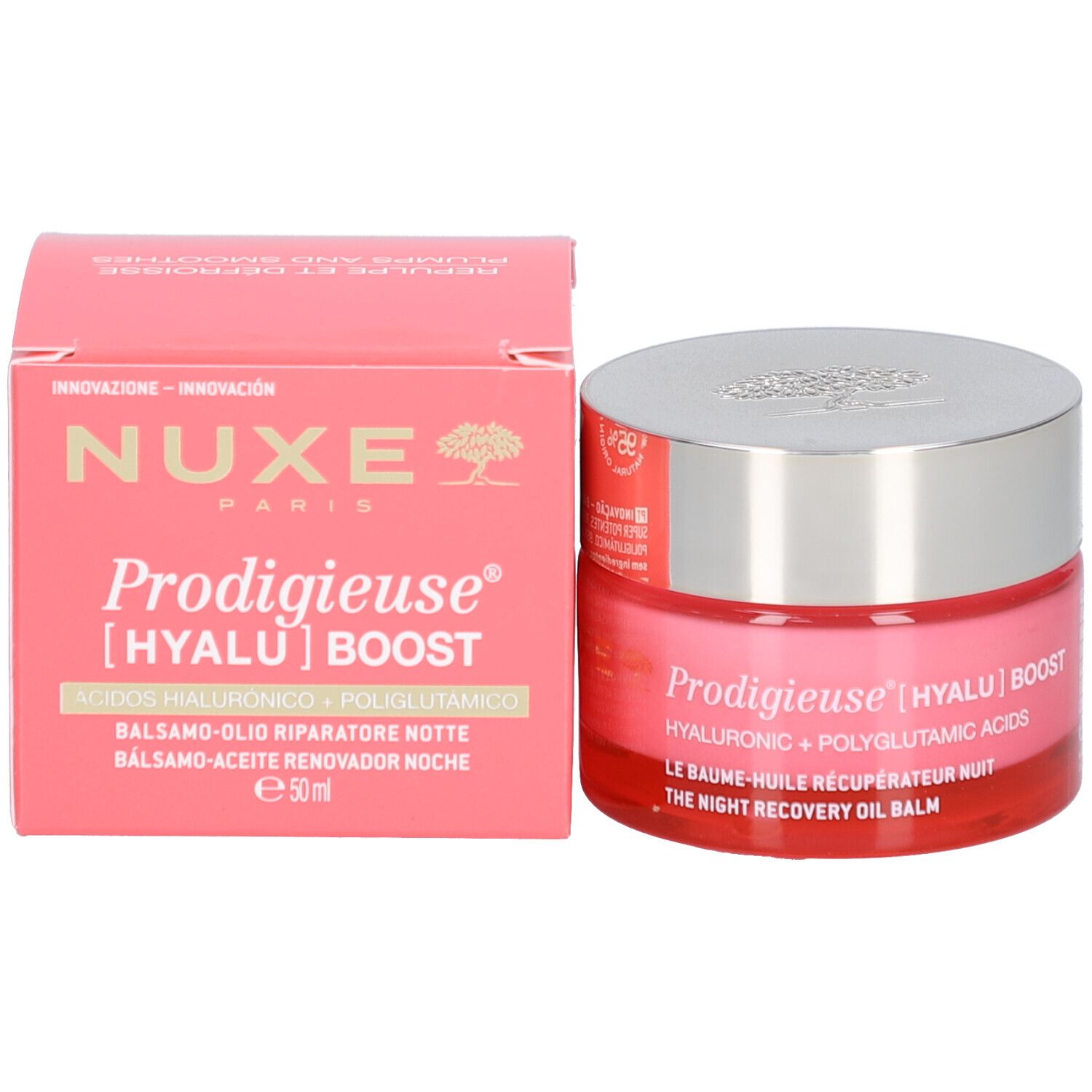 Rosa Schachtel und Tiegel. Aufschrift: Nuxe, Prodigieuse [Hyalu] Boost, Hyaluronic + Polyglutamic Acids, 50 ml.