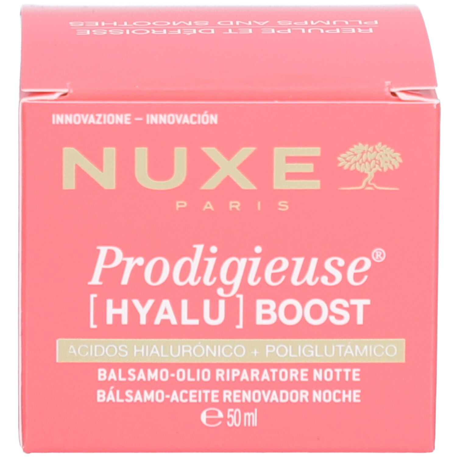 Rosa Schachtel. Aufschrift: Nuxe, Prodigieuse [Hyalu] Boost, Hyaluronic + Polyglutamic Acids, 50 ml.
