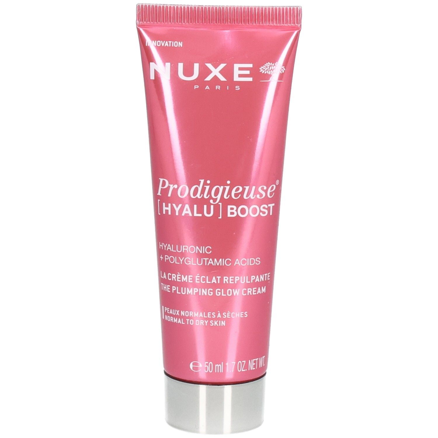 Rosa Tube mit NUXE Prodigieuse [HYALU] Boost Crème Éclat Repulpante. Enthält Hyaluronsäure und Polyglutaminsäure. Für normale bis trockene Haut.