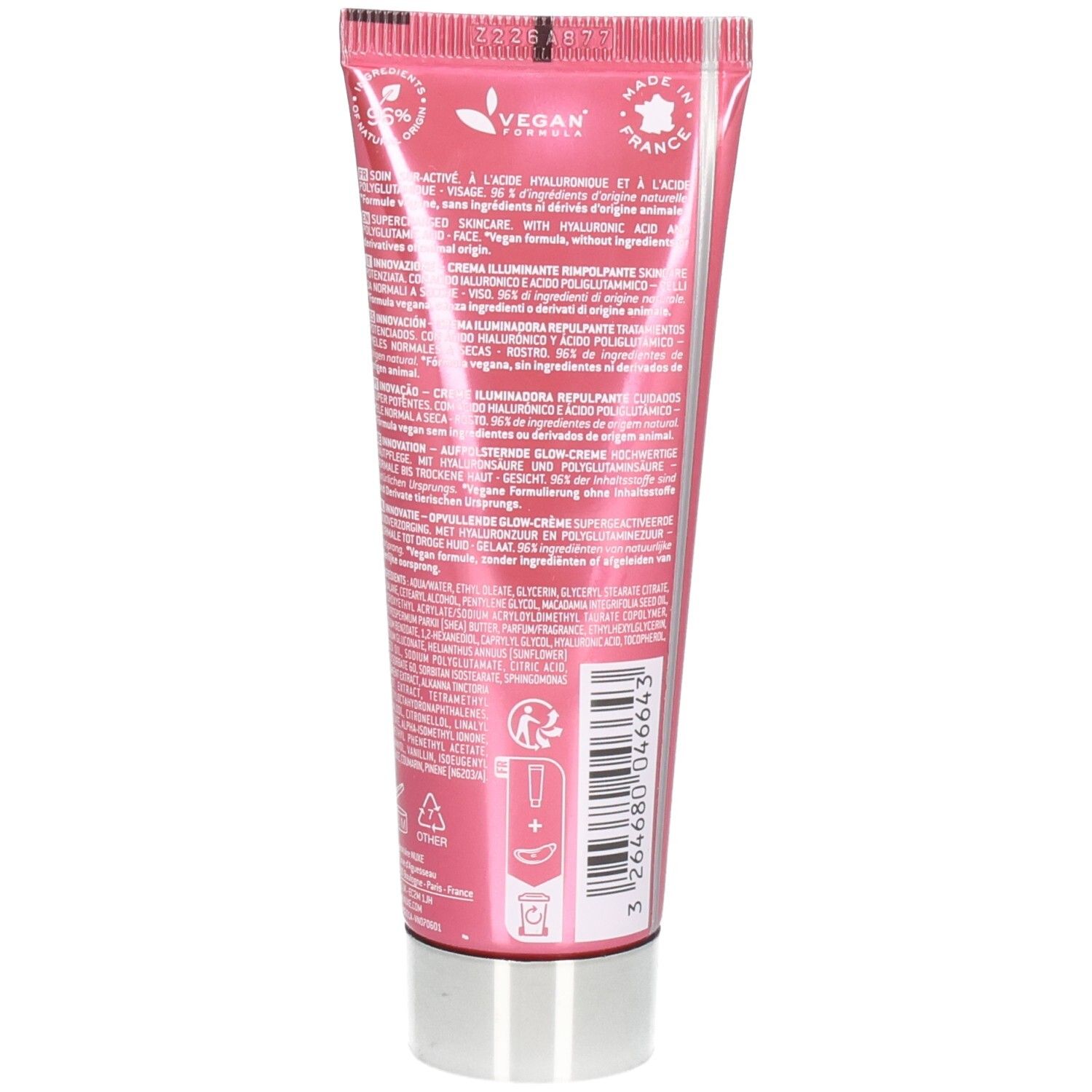 Rückseite der rosa NUXE Prodigieuse [HYALU] Boost Tube. Text mit Inhaltsstoffen und Informationen. Vegan-Logo und Herkunft Frankreich.