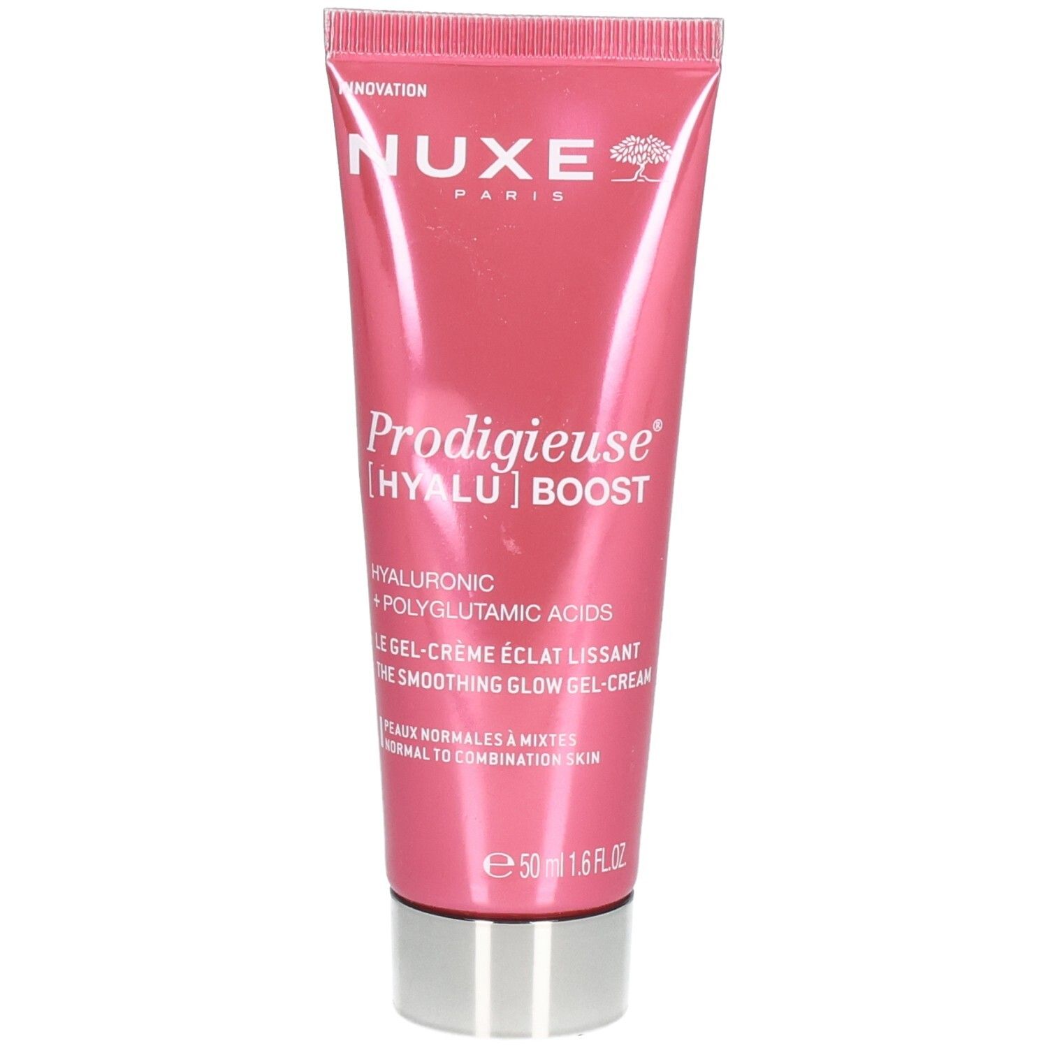 Rosa Tube mit silbernem Deckel. Aufschrift: NUXE, Prodigieuse Boost, Gel-Crème Éclat Lissant. Inhalt: 50 ml.