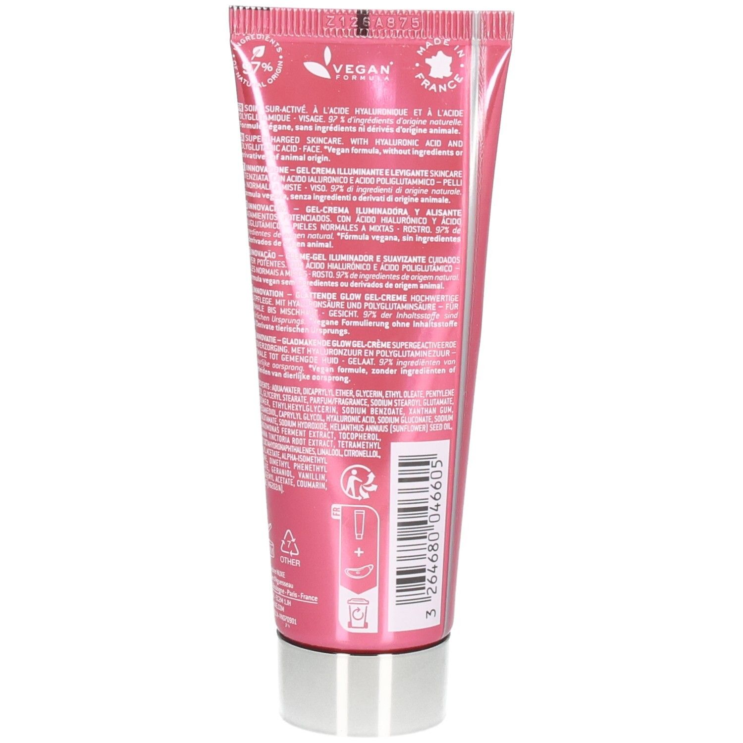Rückseite eines rosa Tubus. Text in mehreren Sprachen. Vegan-Logo. Hergestellt in Frankreich. Barcode und Recycling-Symbol.