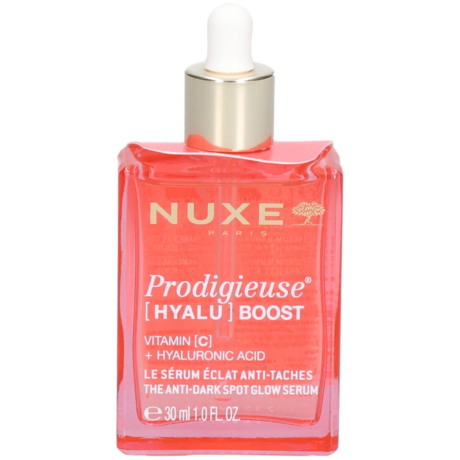 Rosa Flasche mit weißem Tropfer. Aufschrift: NUXE Prodigieuse [HYALU] Boost, Vitamin C + Hyaluronsäure.
