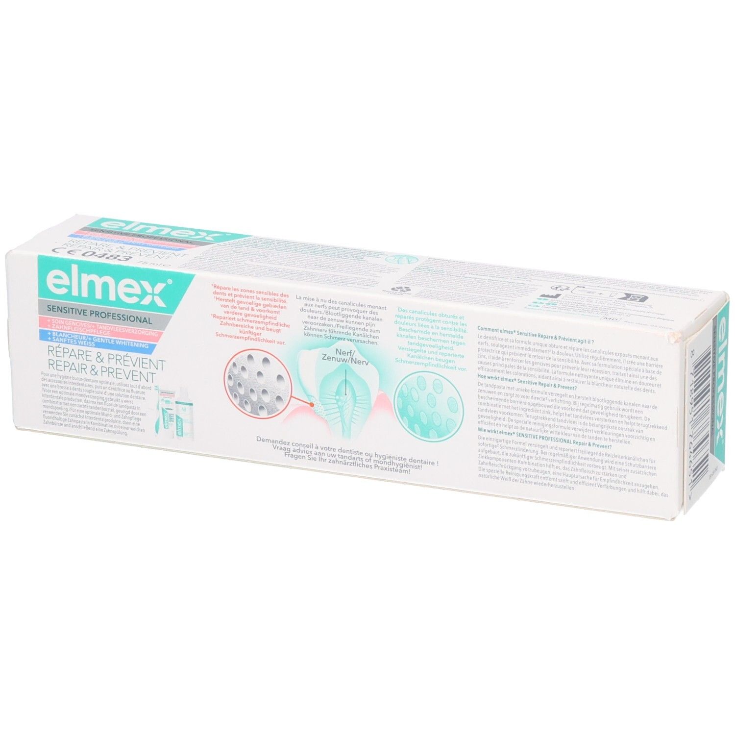 Eelmex Sensitive Professional Zahnpasta-Verpackung mit Informationen zur Reparatur und Vorbeugung.