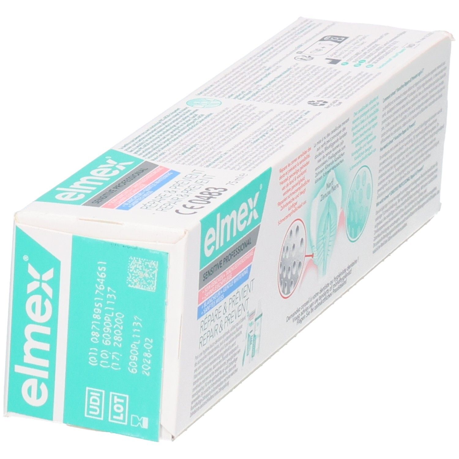 Elmex Sensitive Professional Zahnpasta-Karton. Enthält Informationen zu Reparatur und Vorbeugung.