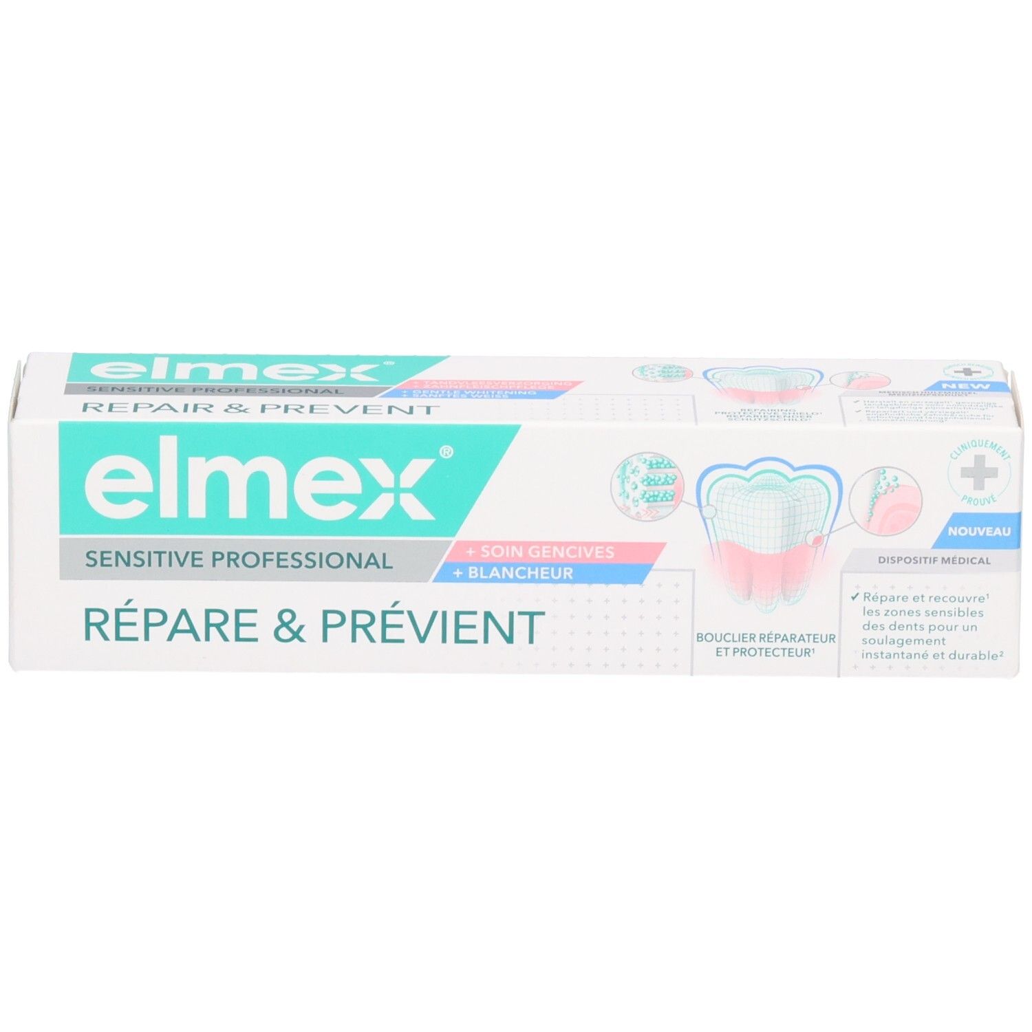 Eelmex Sensitive Professional Zahnpasta, Reparatur & Prävention, mit Zahnabbildung.