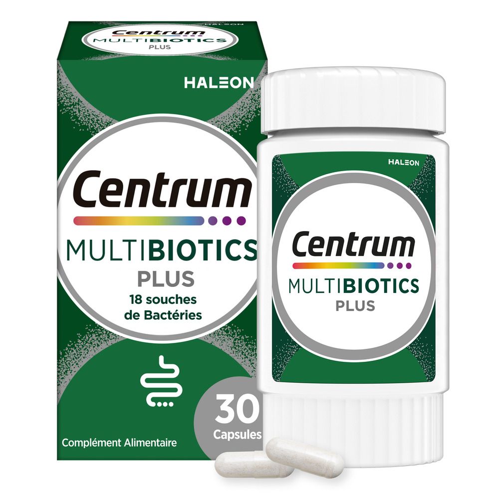 Emballage et flacon. Inscription: Centrum Multibiotics Plus, 30 gélules. Deux gélules.