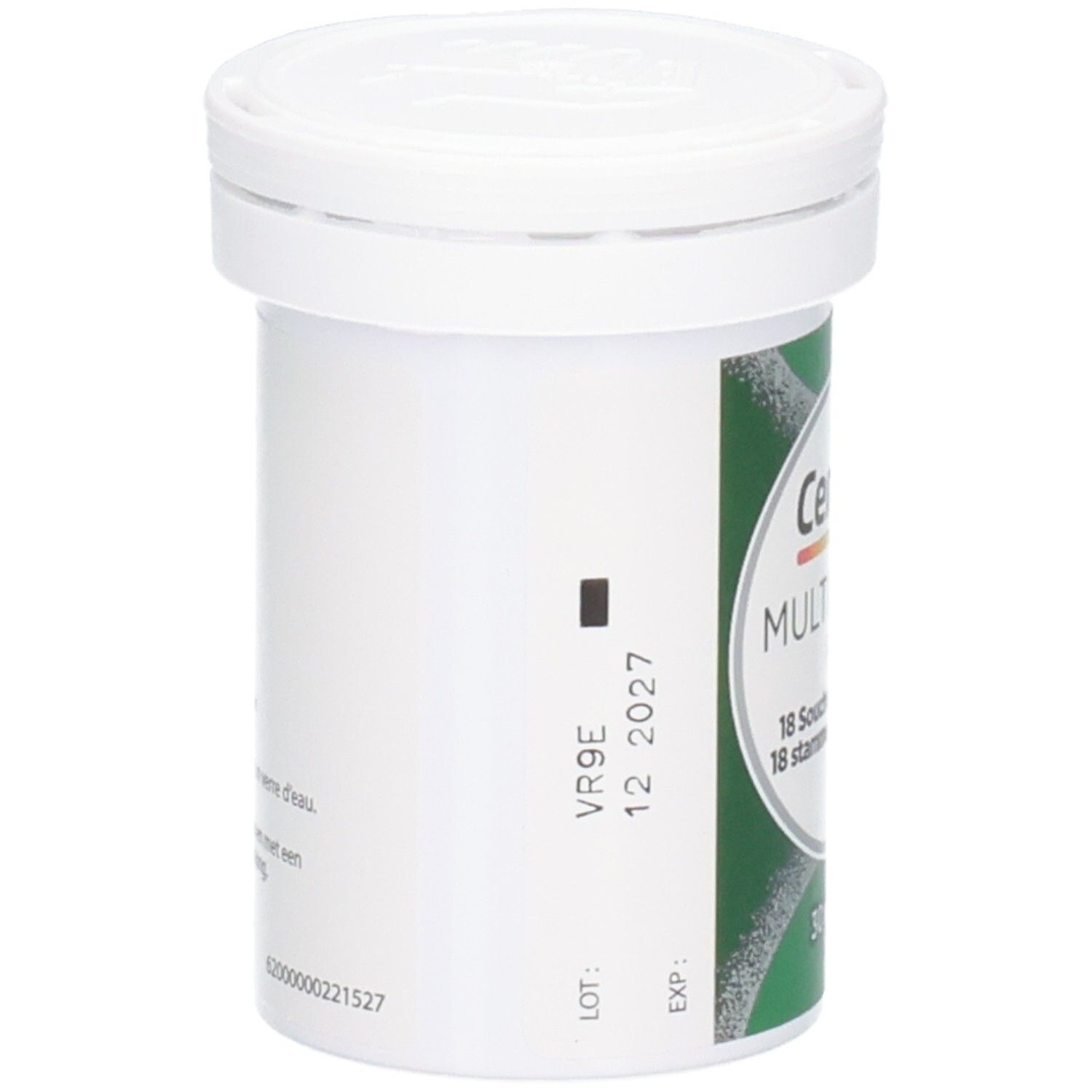 Weiße Flasche mit Deckel. Aufkleber mit Produktinformationen. Aufschrift: Centrum Multibiotics Plus.