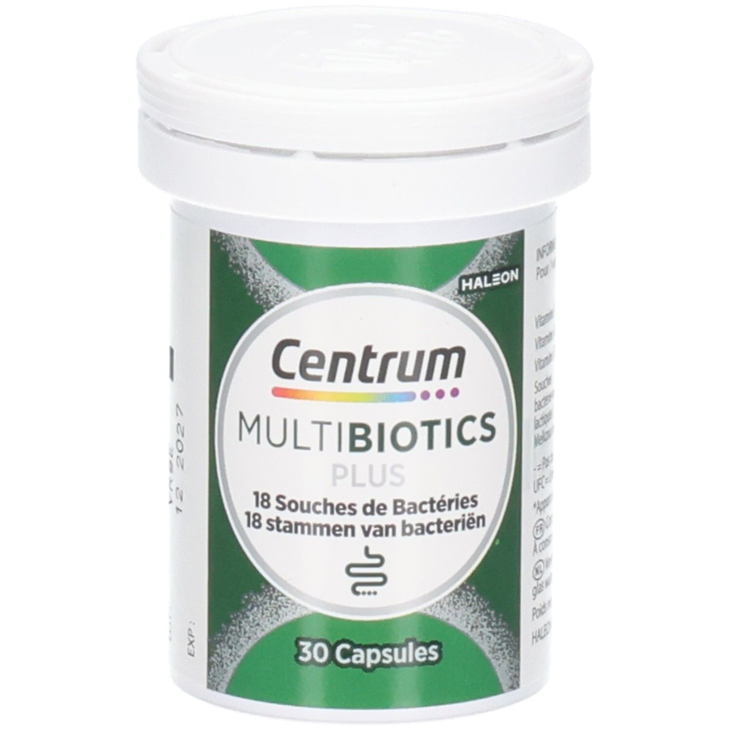 Weiße Flasche mit Deckel. Aufkleber mit Produktinformationen. Aufschrift: Centrum Multibiotics Plus, 30 Kapseln.