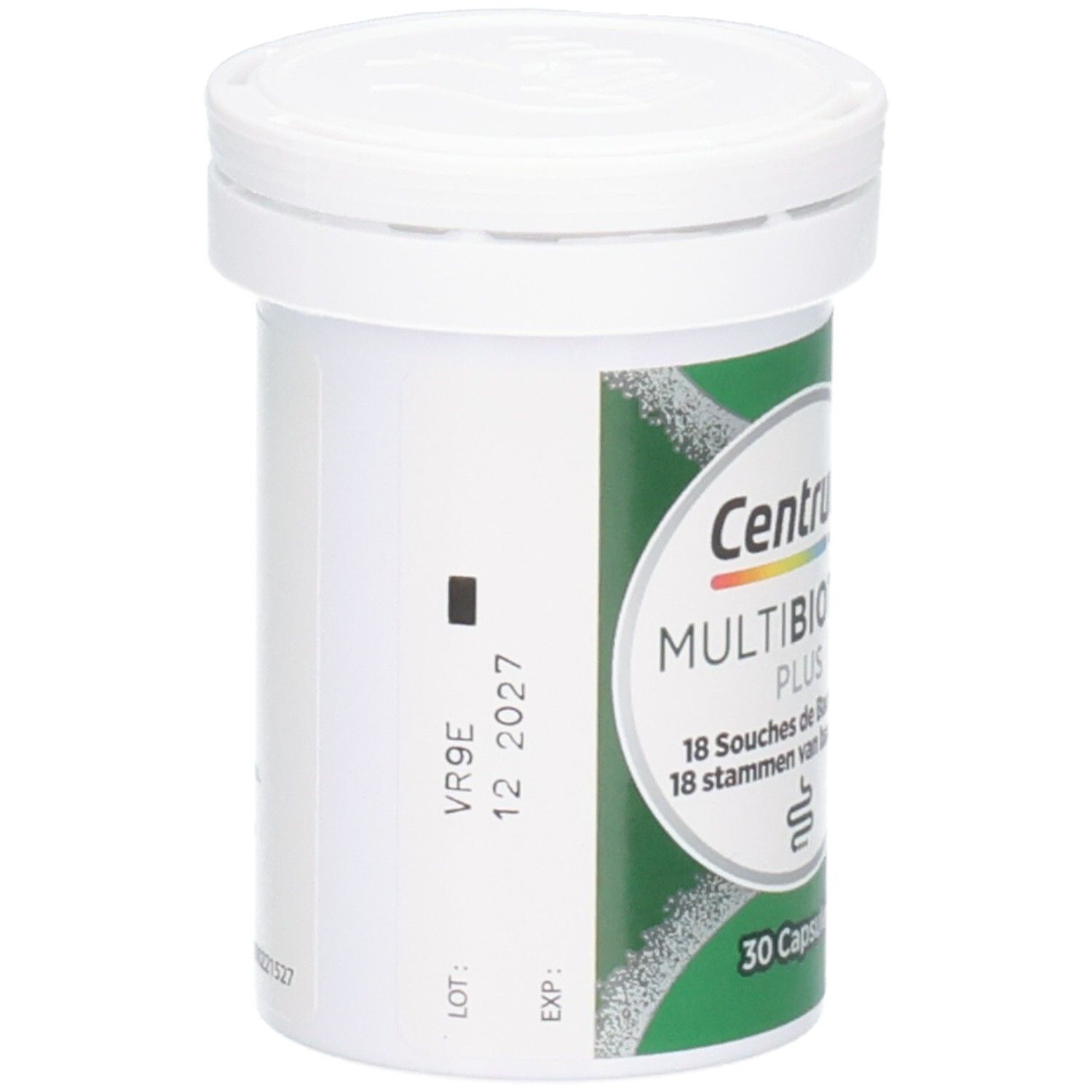 Weiße Flasche mit Deckel. Aufkleber mit Produktinformationen. Aufschrift: Centrum Multibiotics Plus, 30 Kapseln.