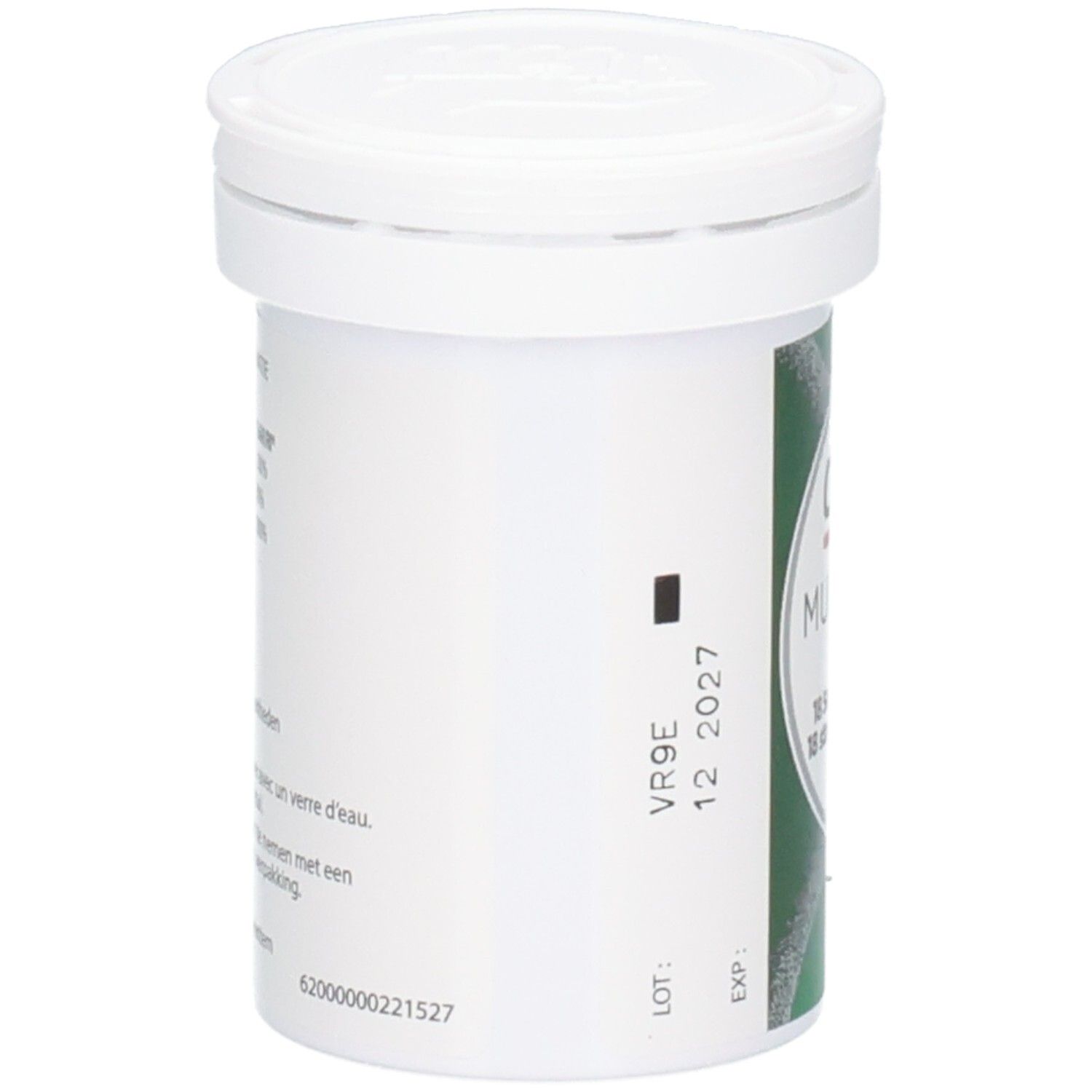 Weiße Flasche mit Deckel. Aufkleber mit Produktinformationen. Aufschrift: Centrum Multibiotics Plus.