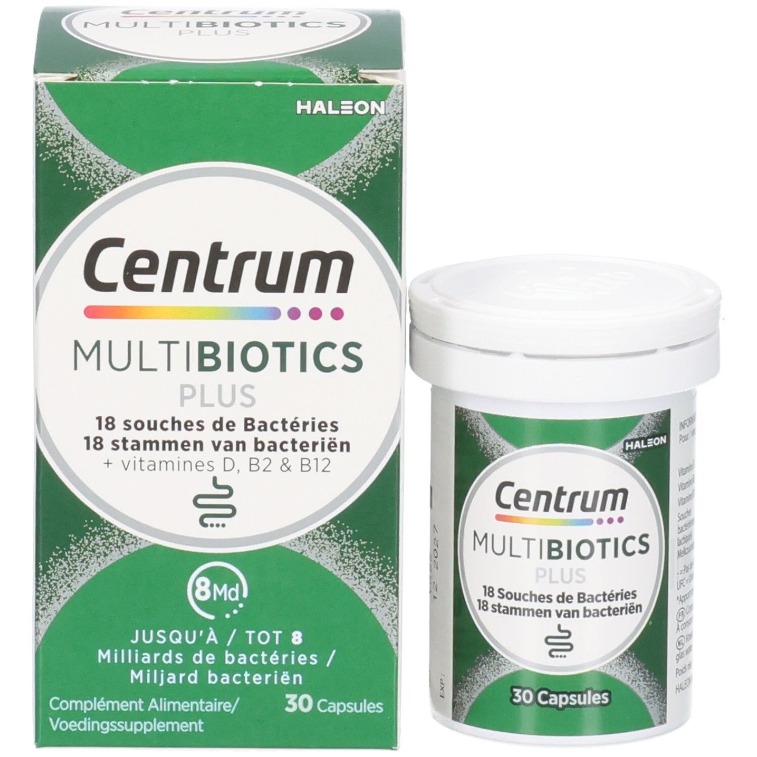 Produktverpackung und Flasche. Aufschrift: Centrum Multibiotics Plus, 30 Kapseln. Grüne Verpackung.
