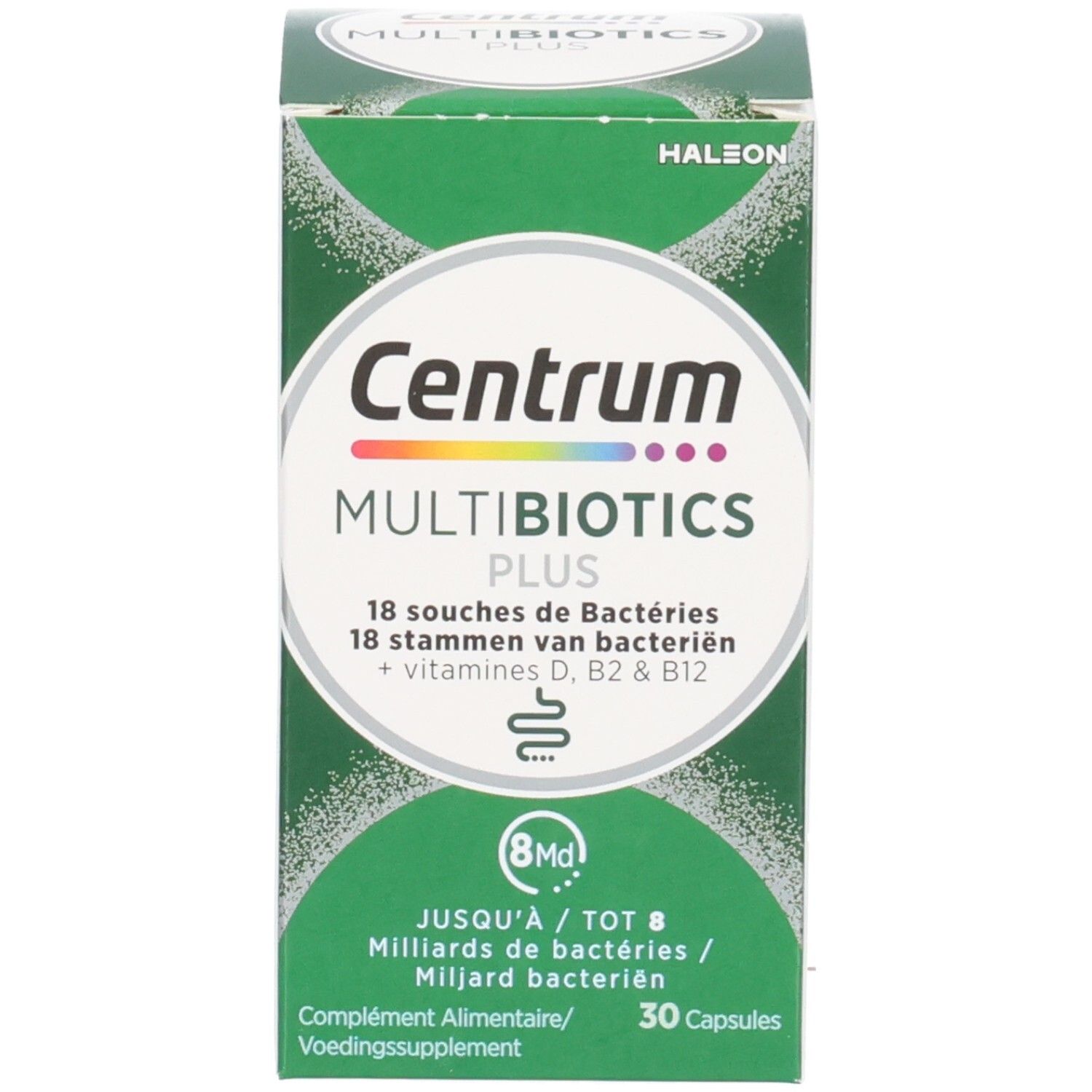 Produktverpackung. Aufschrift: Centrum Multibiotics Plus, 30 Kapseln. Grüne Verpackung.