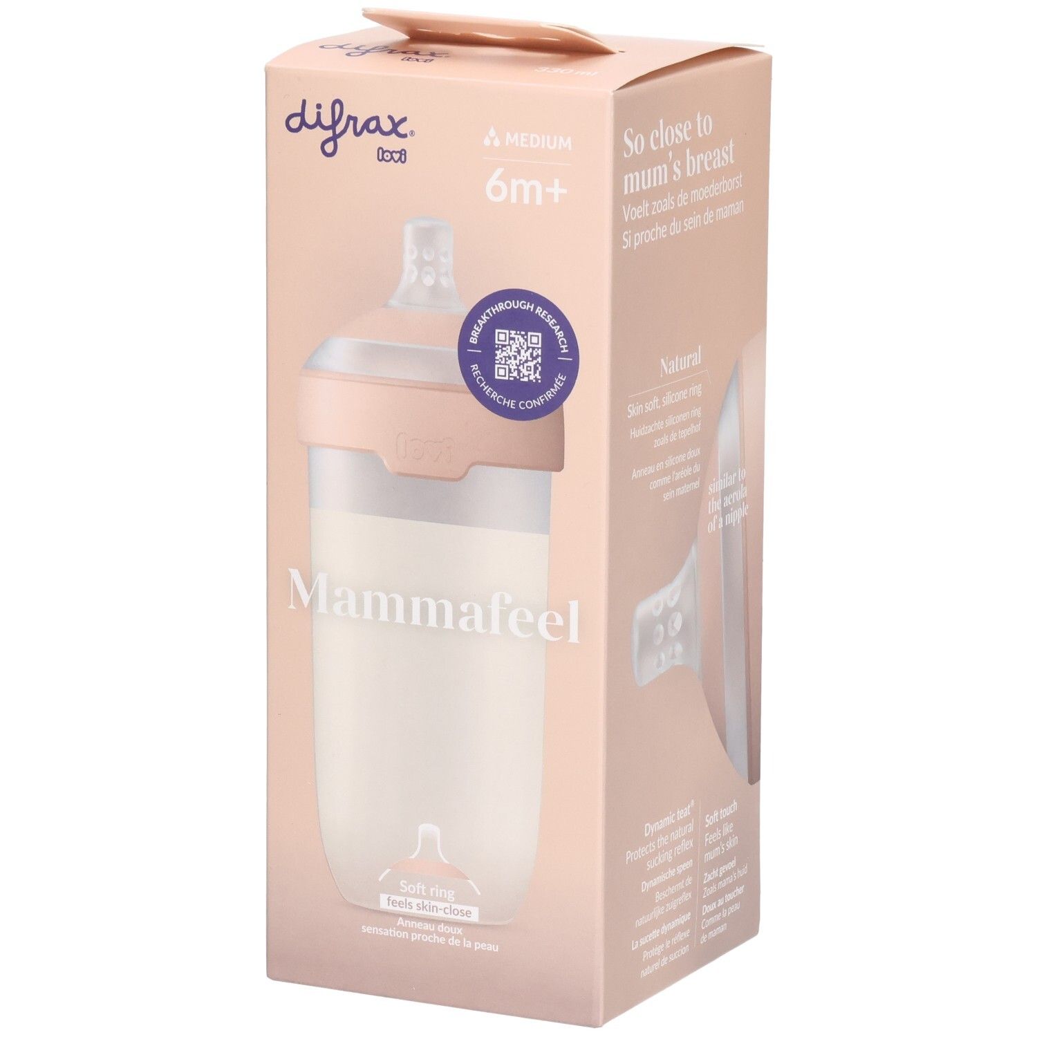 Verpackung mit Babyflasche. Marke Difrax, Modell Mammafeel. Rosa und weiß. Mit 6m+ Angabe.