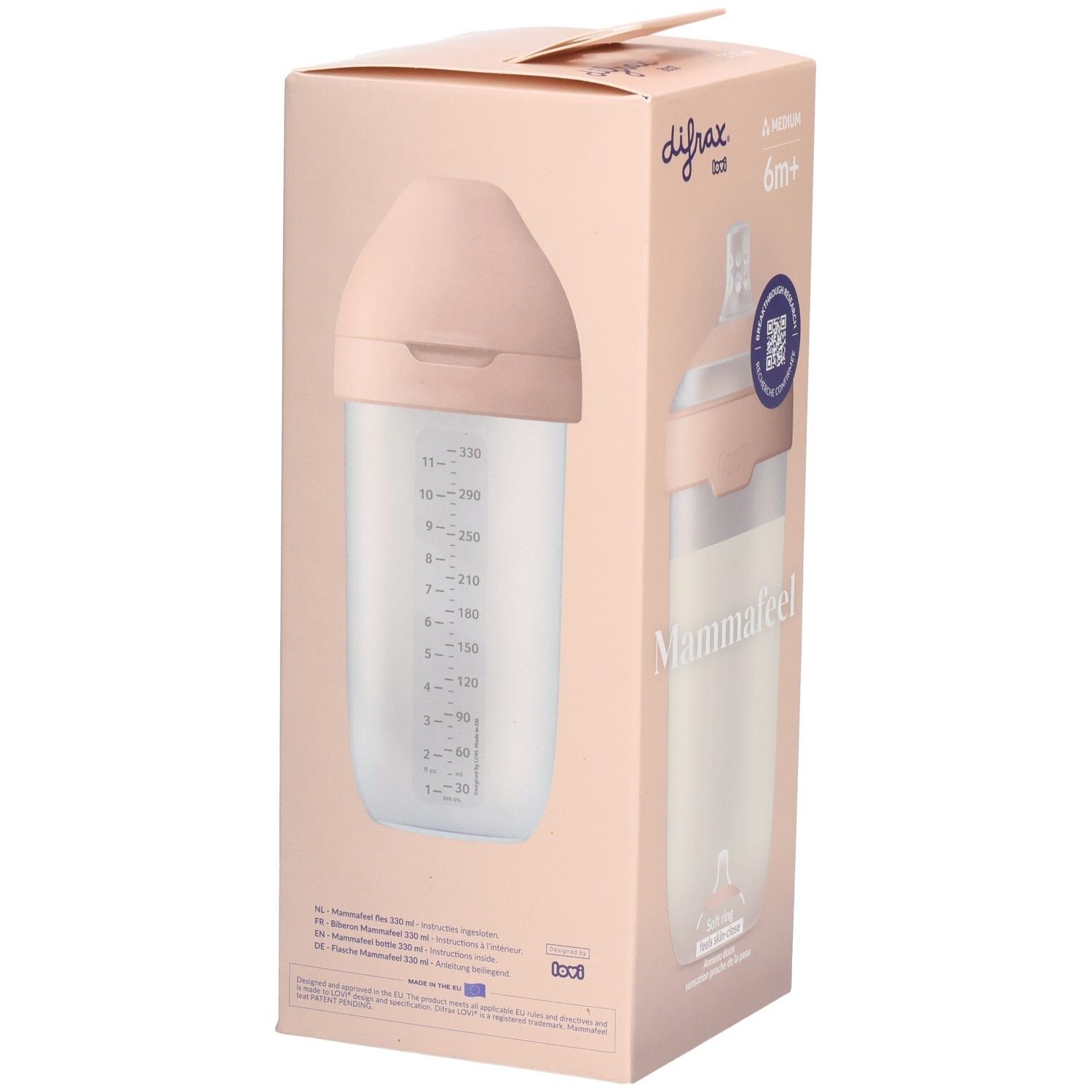 Verpackung mit Babyflasche. Marke Difrax, Modell Mammafeel. Rosa und weiß. Mit Messskala.