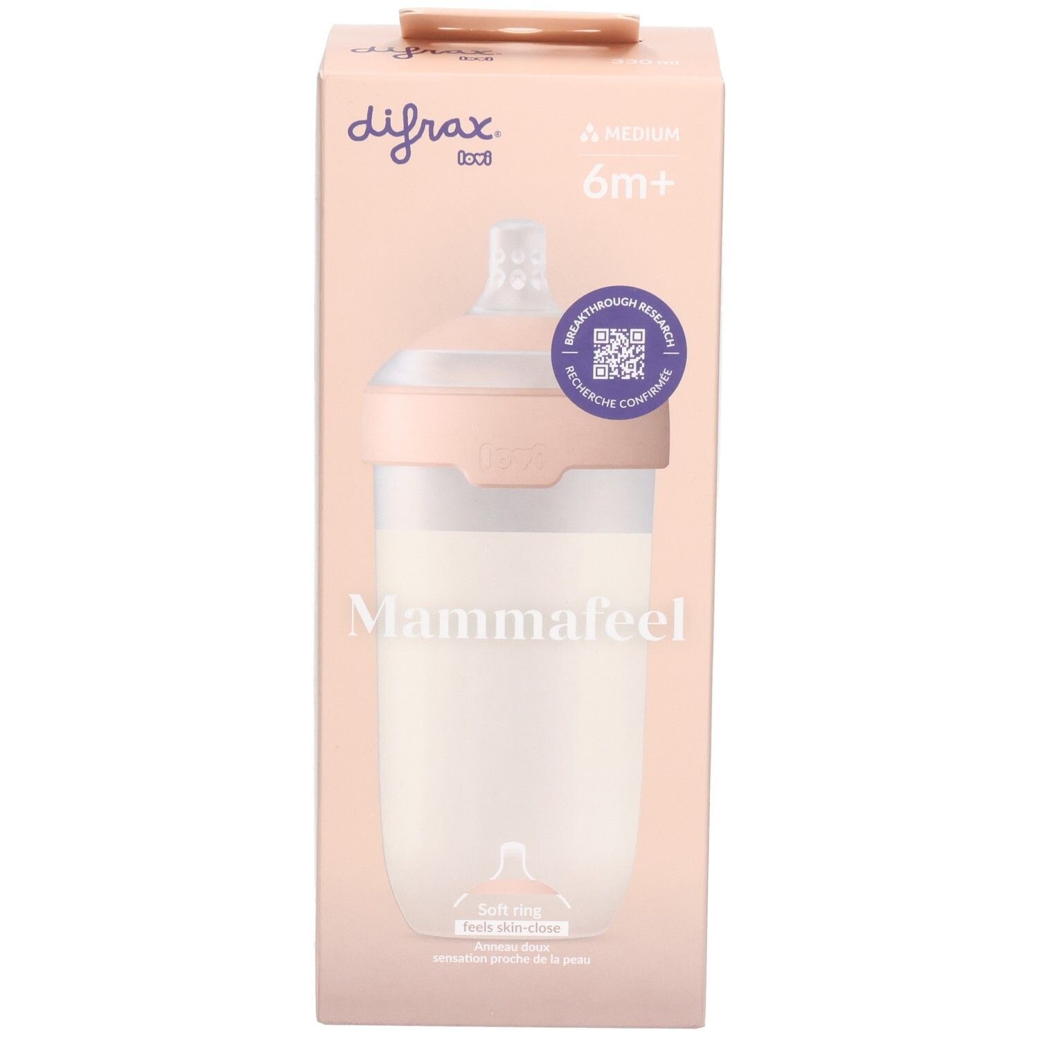 Verpackung mit Babyflasche. Marke Difrax, Modell Mammafeel. Rosa und weiß. Mit 6m+ Angabe.