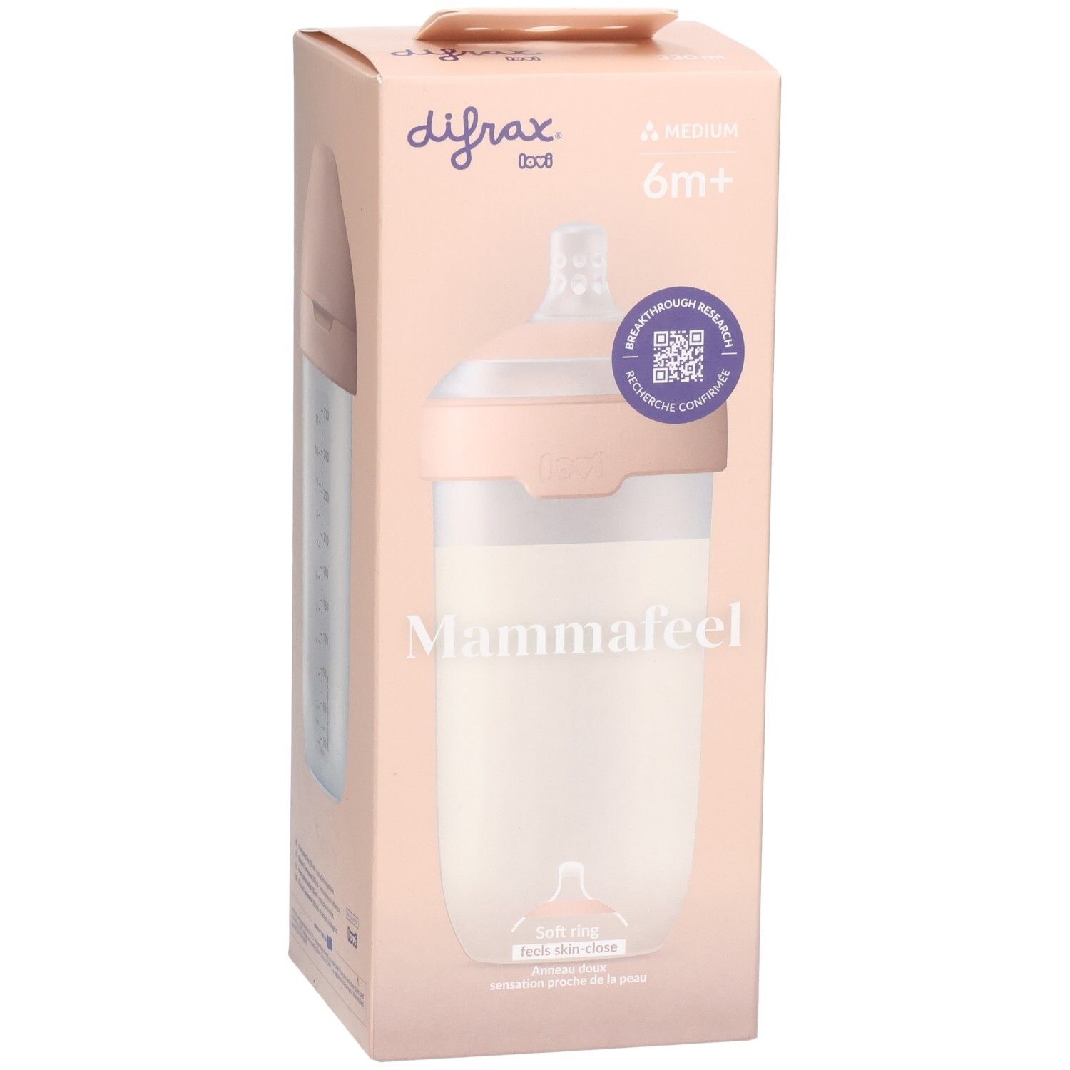 Verpackung mit Babyflasche. Marke Difrax, Modell Mammafeel. Rosa und weiß. Mit 6m+ Angabe.