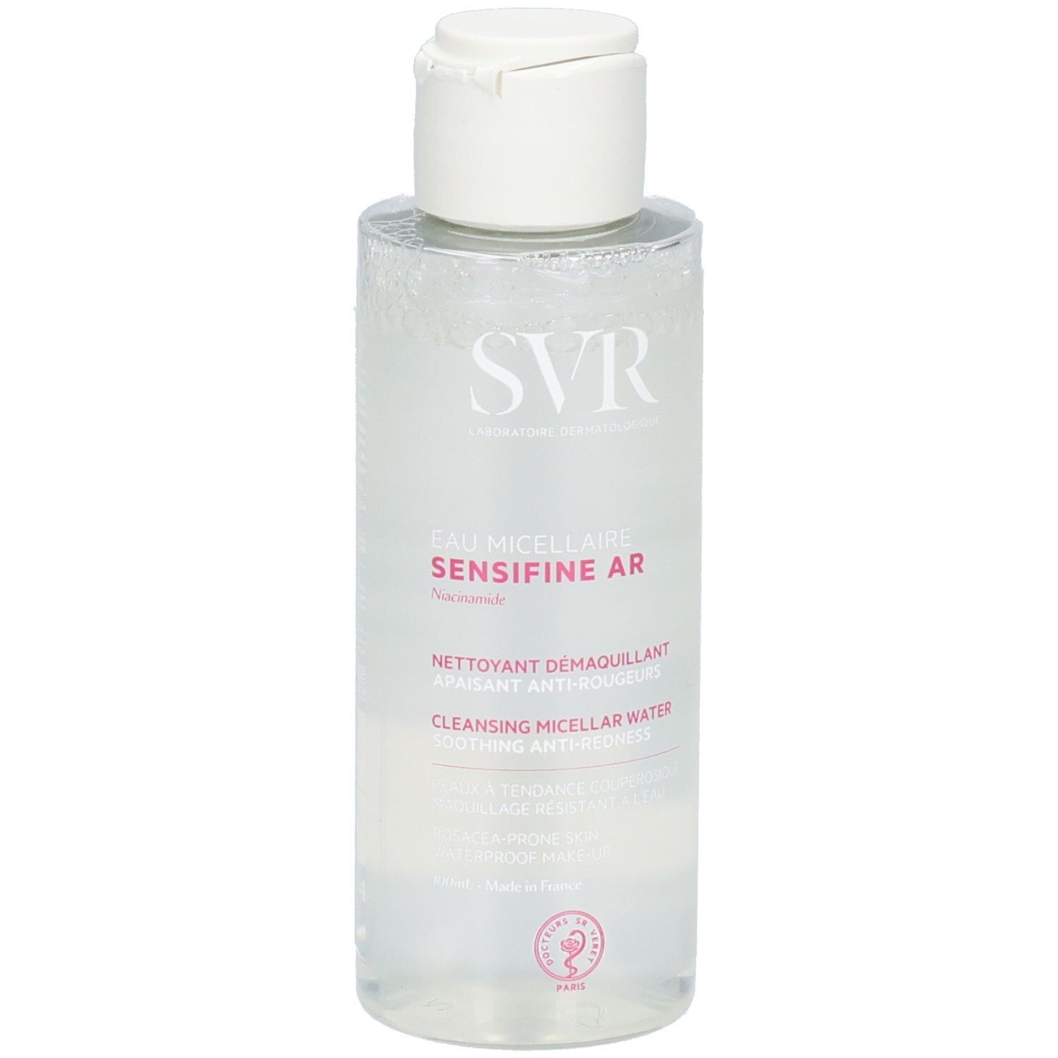 SVR Sensifine AR Mizellenwasser-Flasche. Weißer Deckel, transparente Flüssigkeit. Aufschrift: SVR, Sensifine AR, Eau Micellaire.